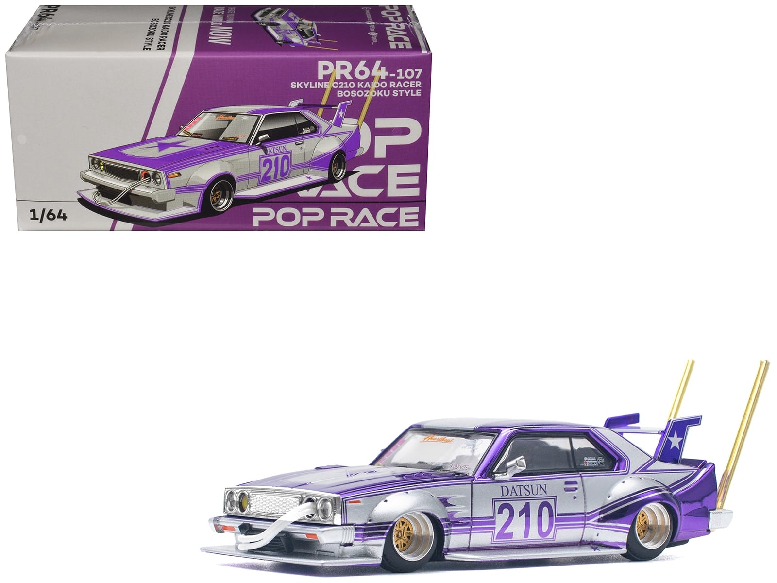 Skyline C210 Kaido Racer "Bosozoku Style" RHD (Right Hand Drive) #210 Purple and Silver 1/64 Diecast Model Car by Pop Race - Image 4