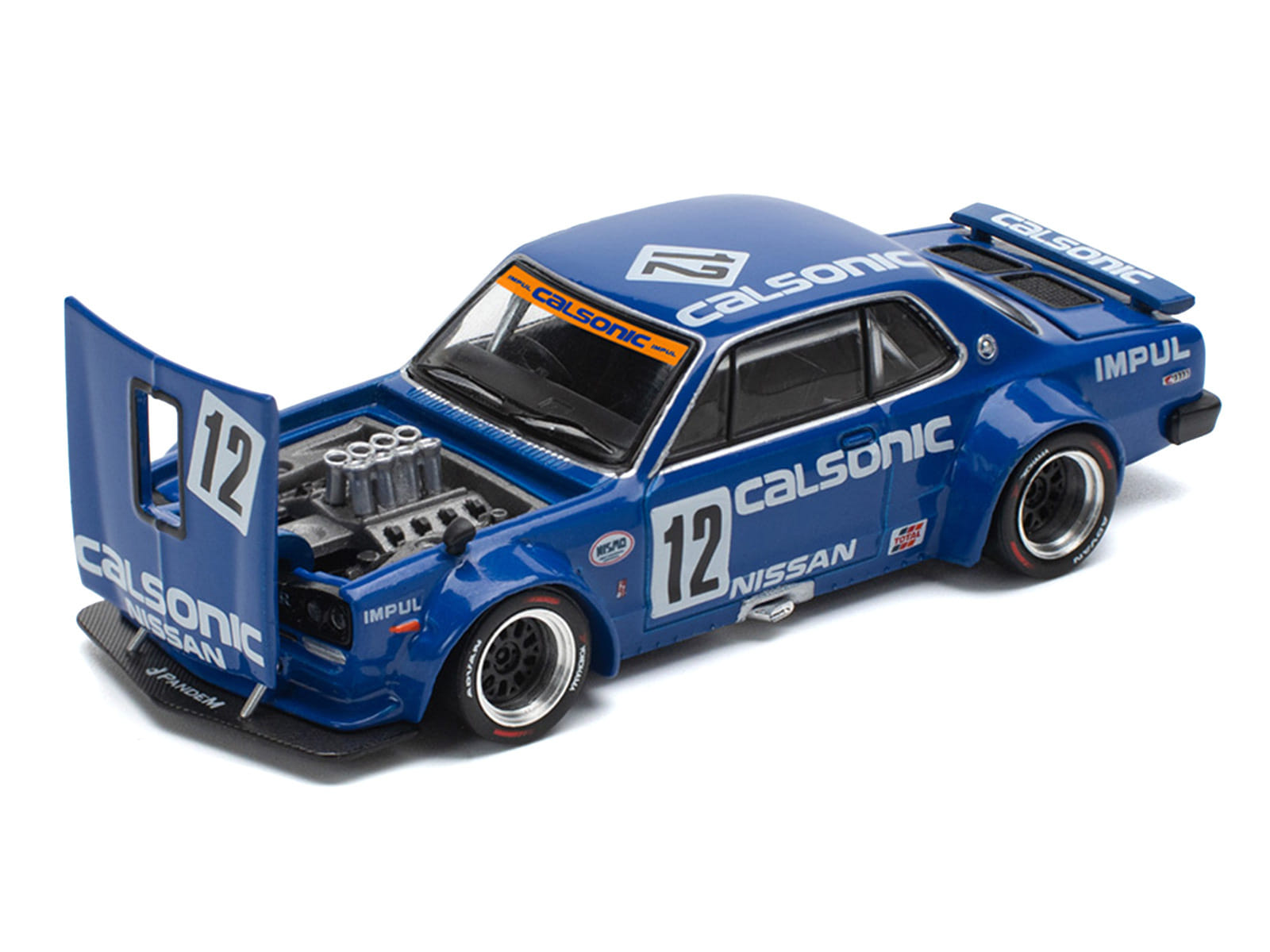 Skyline GT-R V8 Drift "Hakosuka" RHD (Right Hand Drive) #12 "Calsonic" Blue with Graphics 1/64 Diecast Model Car by Pop Race - Image 2