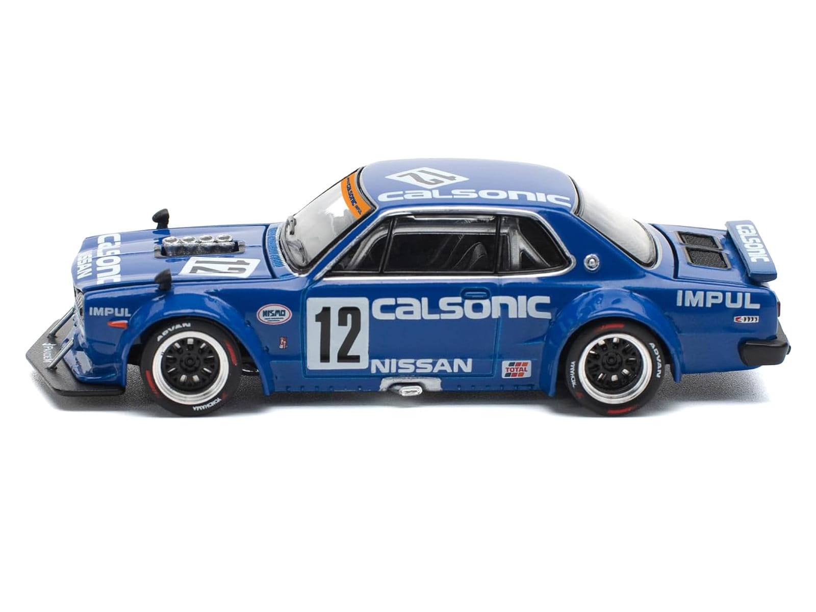 Skyline GT-R V8 Drift "Hakosuka" RHD (Right Hand Drive) #12 "Calsonic" Blue with Graphics 1/64 Diecast Model Car by Pop Race - Image 3
