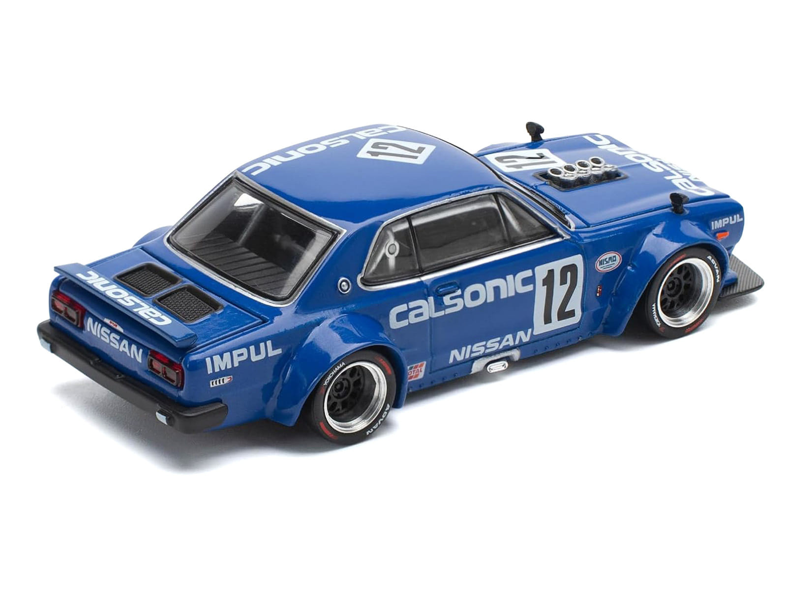 Skyline GT-R V8 Drift "Hakosuka" RHD (Right Hand Drive) #12 "Calsonic" Blue with Graphics 1/64 Diecast Model Car by Pop Race - Image 4