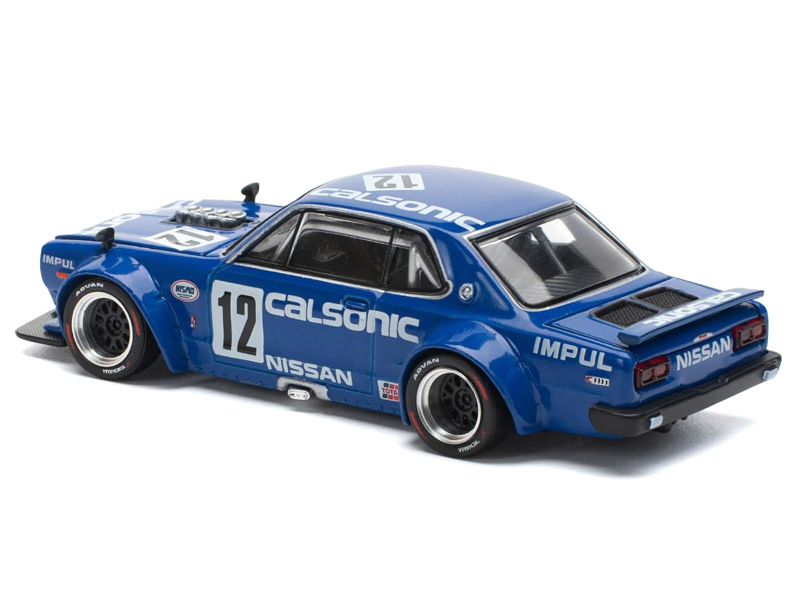 Skyline GT-R V8 Drift "Hakosuka" RHD (Right Hand Drive) #12 "Calsonic" Blue with Graphics 1/64 Diecast Model Car by Pop Race - Image 5