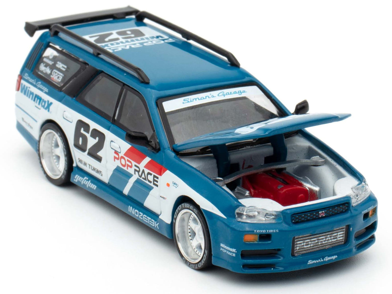 Nissan Stagea RHD (Right Hand Drive) #62 "Simon's Garage" Blue with White Sides 1/64 Diecast Model Car by Pop Race - Image 2
