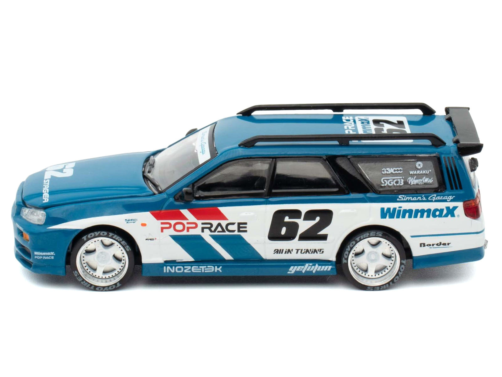 Nissan Stagea RHD (Right Hand Drive) #62 "Simon's Garage" Blue with White Sides 1/64 Diecast Model Car by Pop Race - Image 3