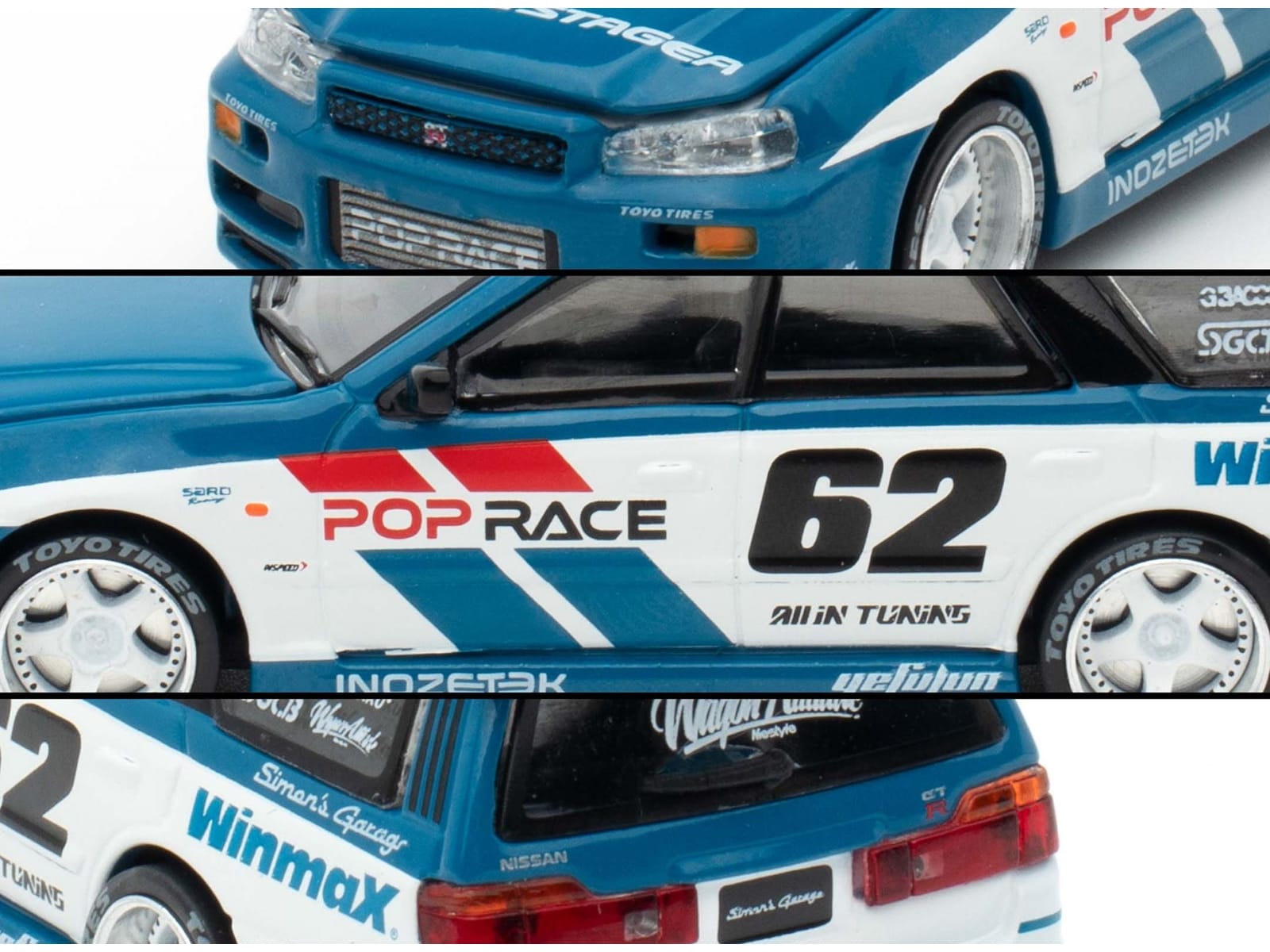 Nissan Stagea RHD (Right Hand Drive) #62 "Simon's Garage" Blue with White Sides 1/64 Diecast Model Car by Pop Race - Image 4