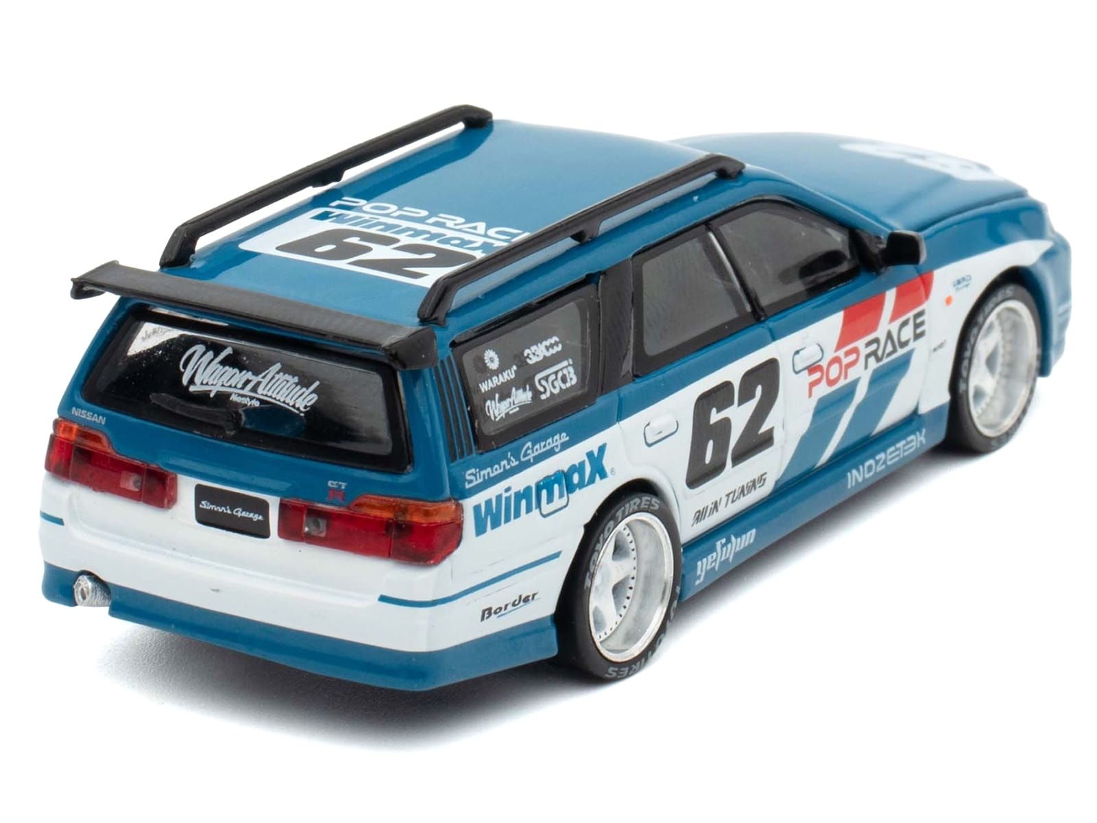 Nissan Stagea RHD (Right Hand Drive) #62 "Simon's Garage" Blue with White Sides 1/64 Diecast Model Car by Pop Race - Image 5