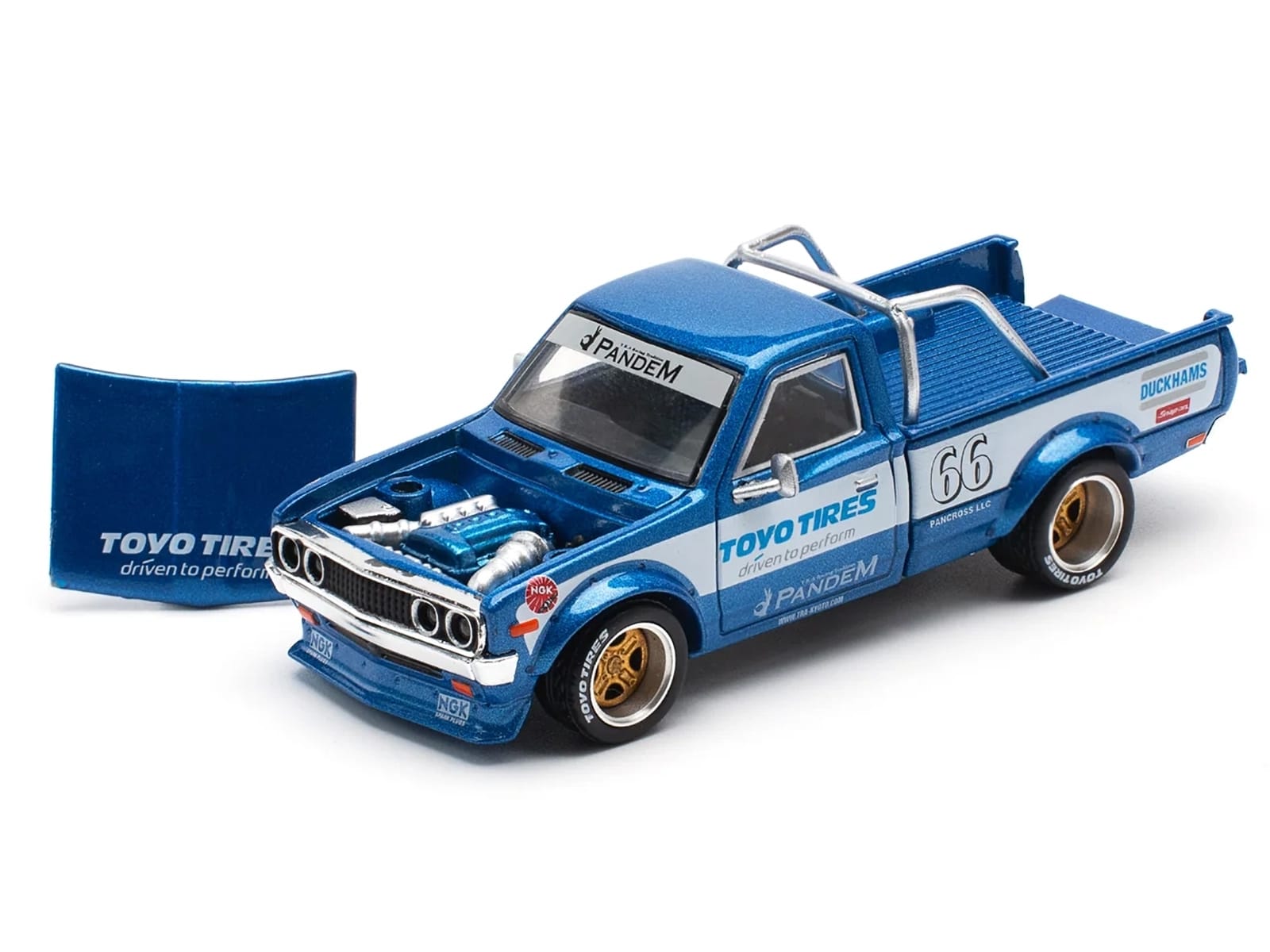 Datsun Pandem 620 Pickup Truck #66 Blue Metallic with White Stripes and Graphics 1/64 Diecast Model Car by Pop Race - Image 2