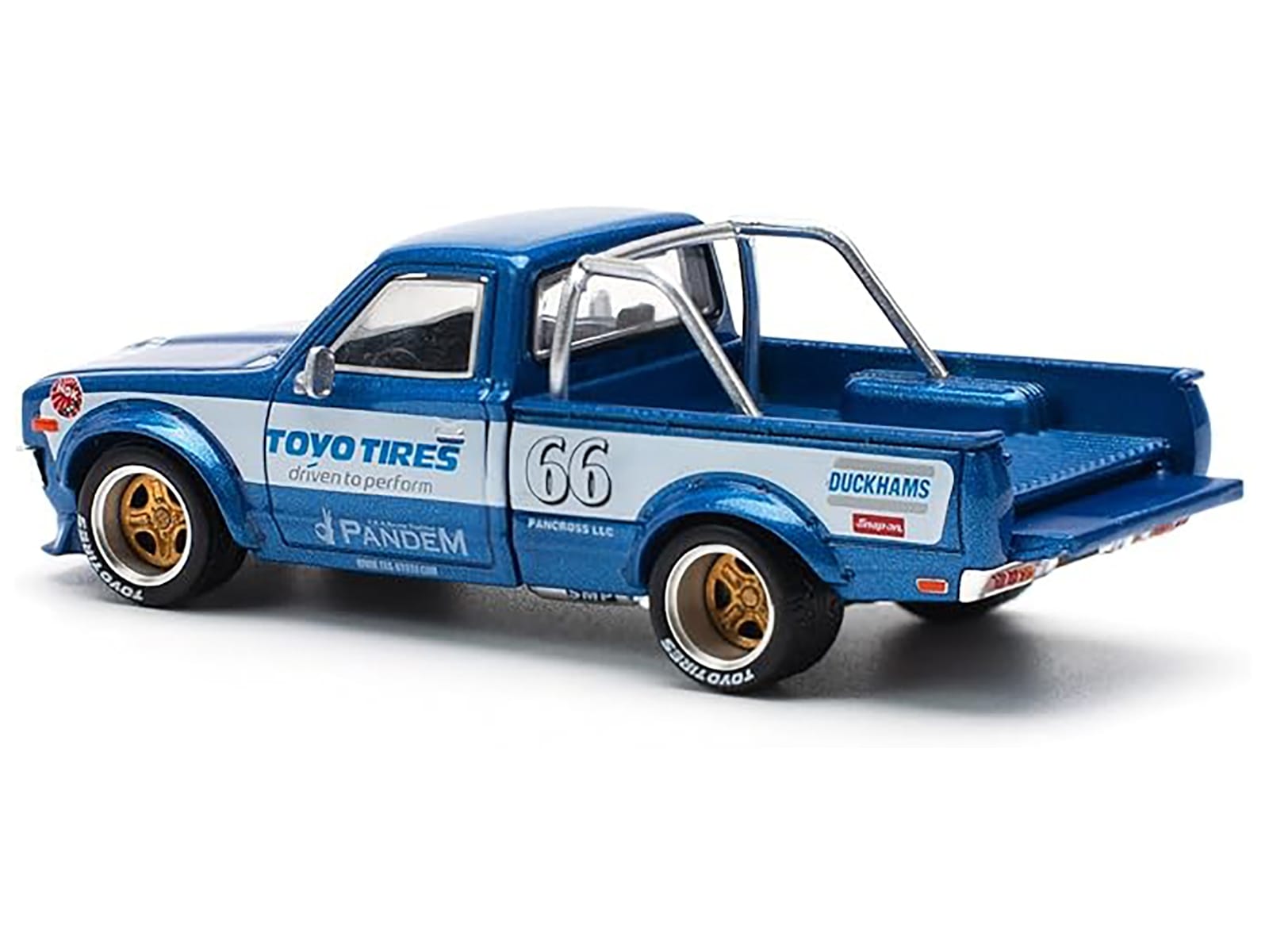 Datsun Pandem 620 Pickup Truck #66 Blue Metallic with White Stripes and Graphics 1/64 Diecast Model Car by Pop Race - Image 4