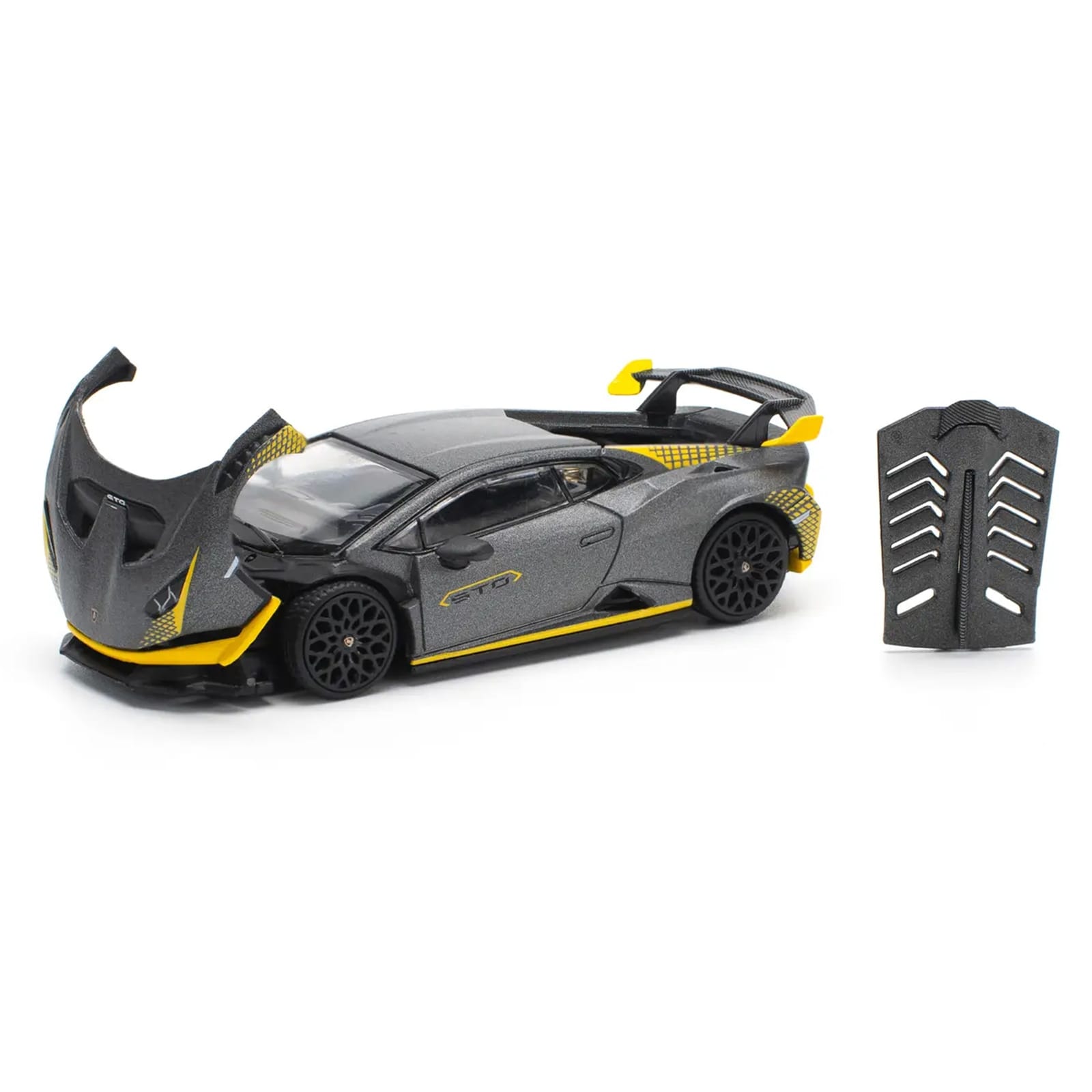 Lamborghini Huracan STO Matt Gray Metallic with Yellow Accents 1/64 Diecast Model Car by Pop Race - Image 2