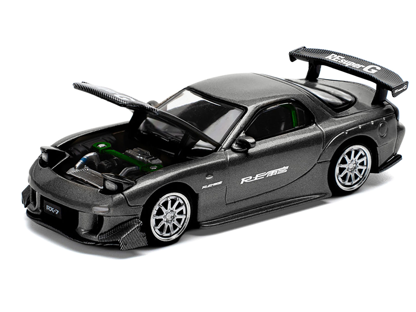 Mazda RX7 (FD) "RE Amemiya" Widebody RHD (Right Hand Drive) Gunmetal Gray Metallic with Carbon Hood 1/64 Diecast Model Car by Pop Race - Image 2