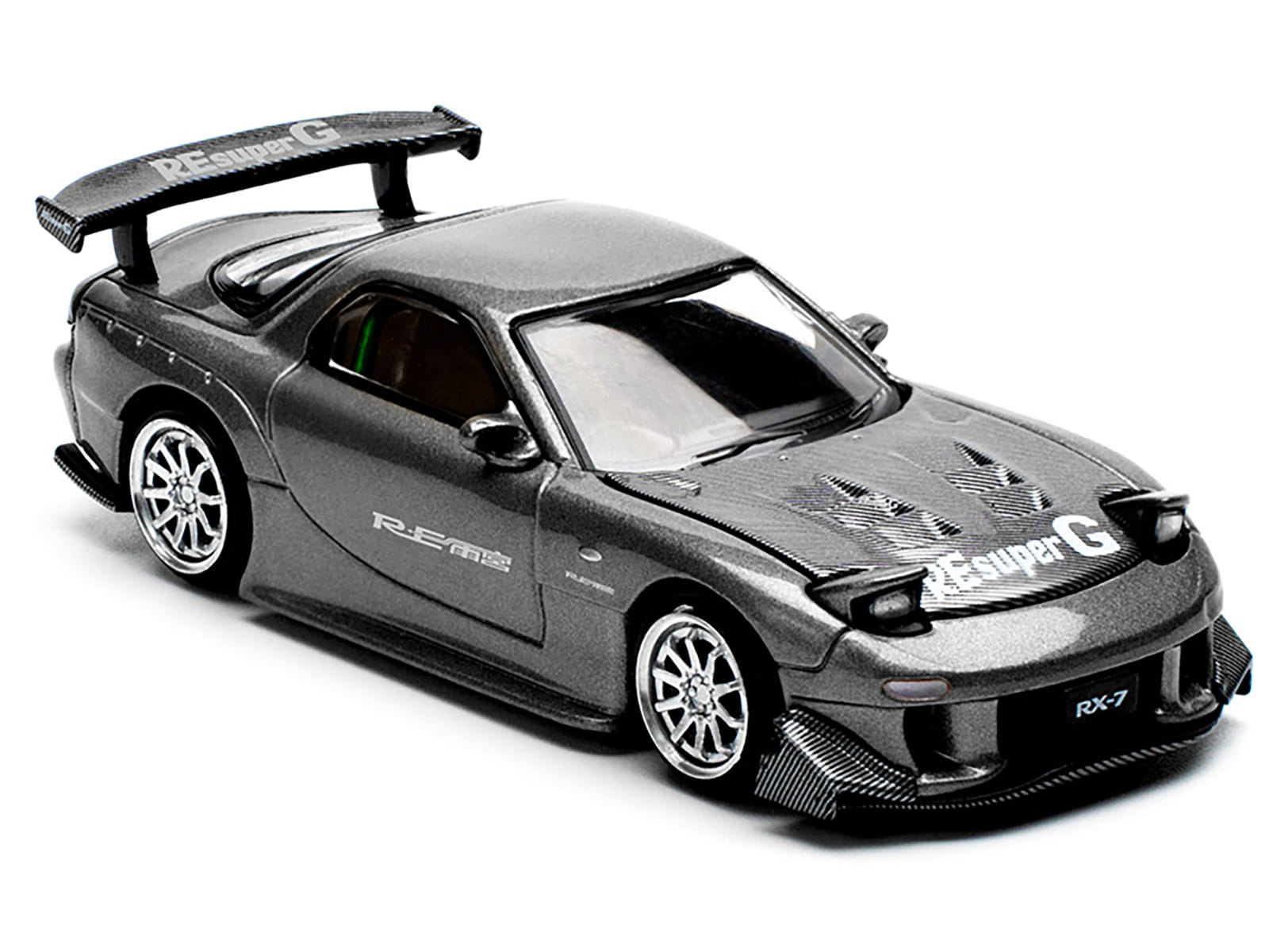 Mazda RX7 (FD) "RE Amemiya" Widebody RHD (Right Hand Drive) Gunmetal Gray Metallic with Carbon Hood 1/64 Diecast Model Car by Pop Race - Image 4
