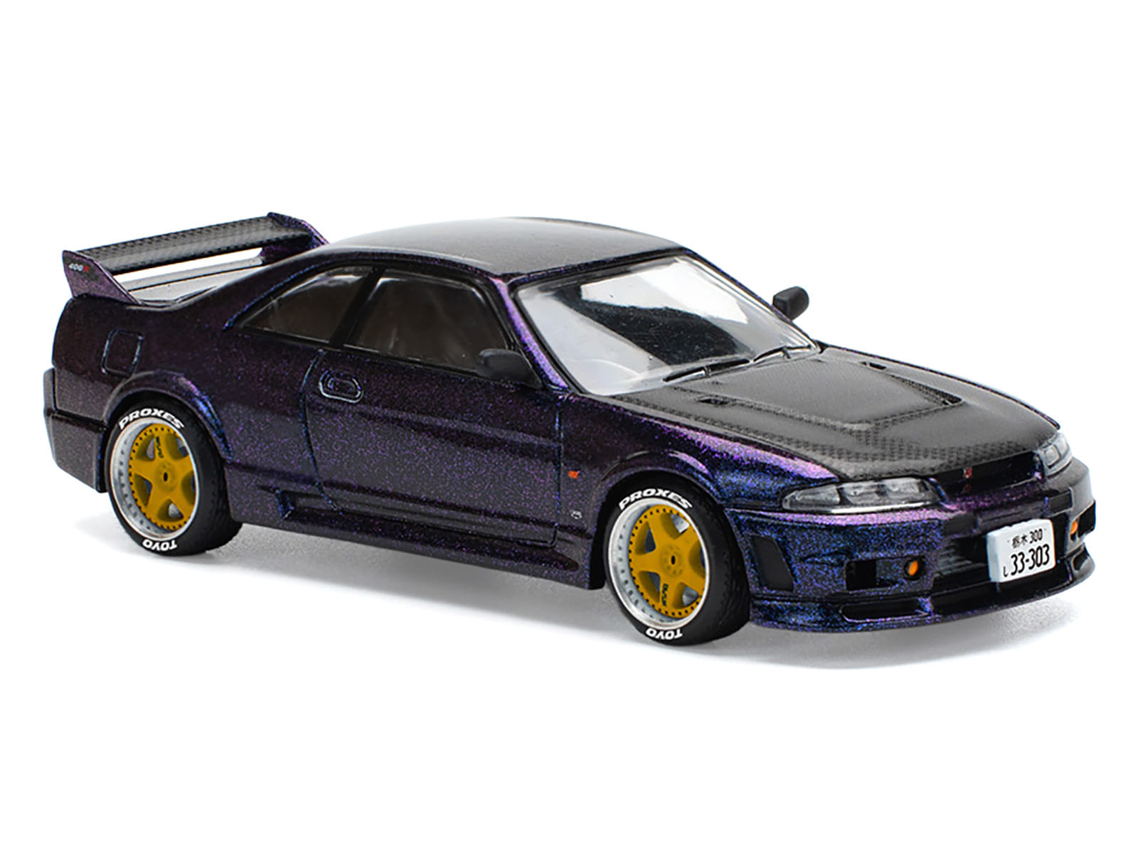 Skyline GT-R (R33) RHD (Right Hand Drive) Midnight Purple Metallic with Carbon Hood 1/64 Diecast Model Car by Pop Race - Image 5