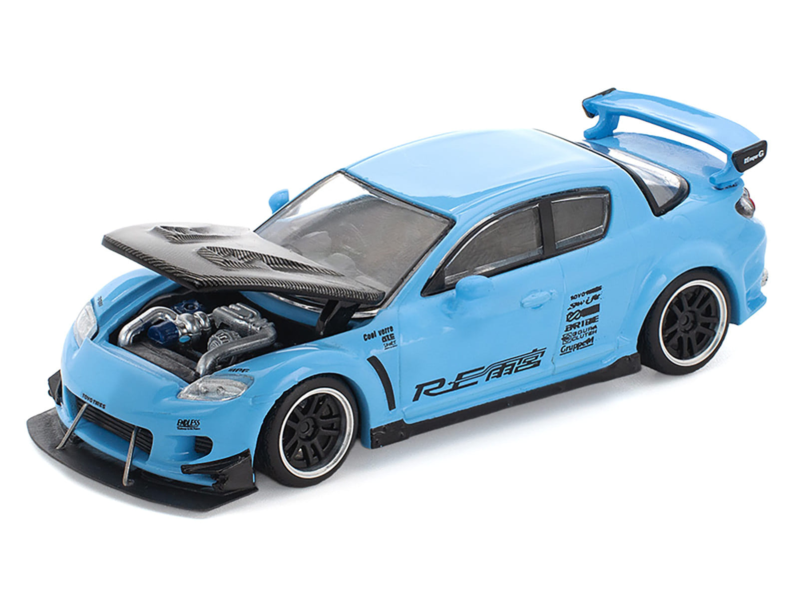 Mazda RX8 RE-Amemiya Widebody RHD (Right Hand Drive) Light Blue with Carbon Hood 1/64 Diecast Model Car by Pop Race - Image 2