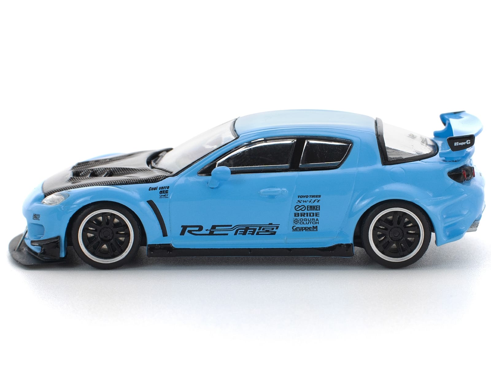 Mazda RX8 RE-Amemiya Widebody RHD (Right Hand Drive) Light Blue with Carbon Hood 1/64 Diecast Model Car by Pop Race - Image 3