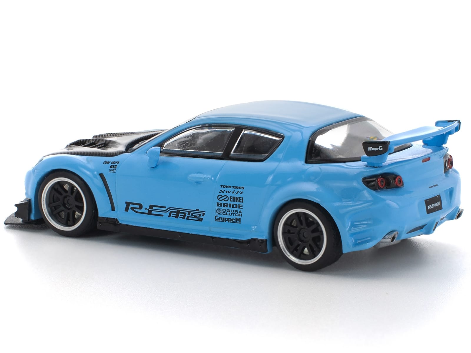 Mazda RX8 RE-Amemiya Widebody RHD (Right Hand Drive) Light Blue with Carbon Hood 1/64 Diecast Model Car by Pop Race - Image 5