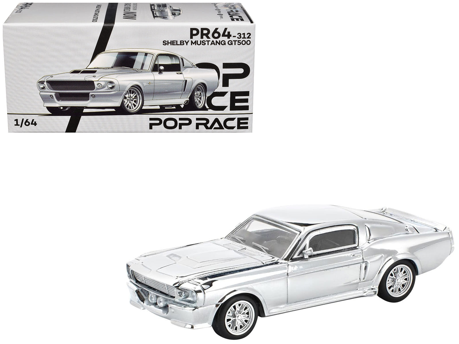Shelby Mustang GT500 Silver Chrome 1/64 Diecast Model Car by Pop Race