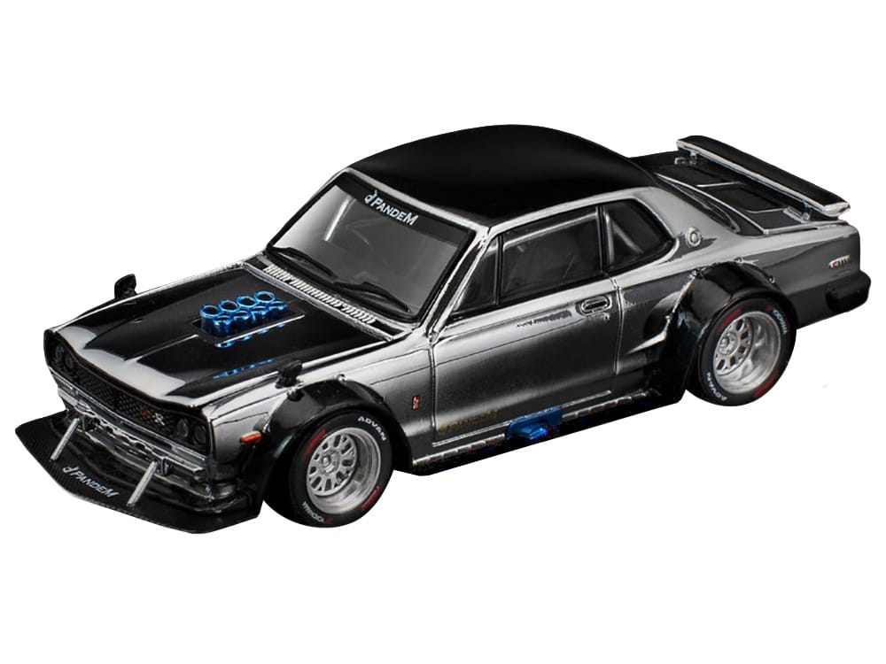 Skyline GT-R V8 Drift "Hakosuka" RHD (Right Hand Drive) Silver Chrome with Black Hood and Top 1/64 Diecast Model Car by Pop Race - Image 2