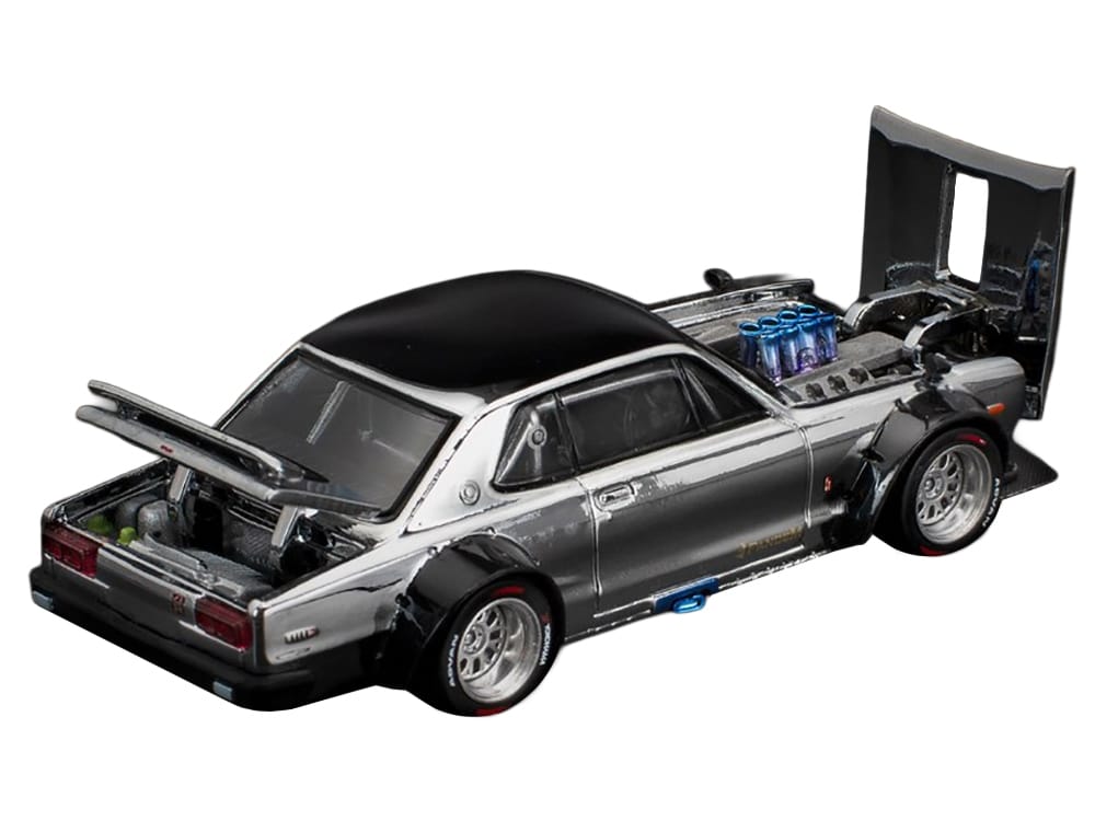 Skyline GT-R V8 Drift "Hakosuka" RHD (Right Hand Drive) Silver Chrome with Black Hood and Top 1/64 Diecast Model Car by Pop Race - Image 3