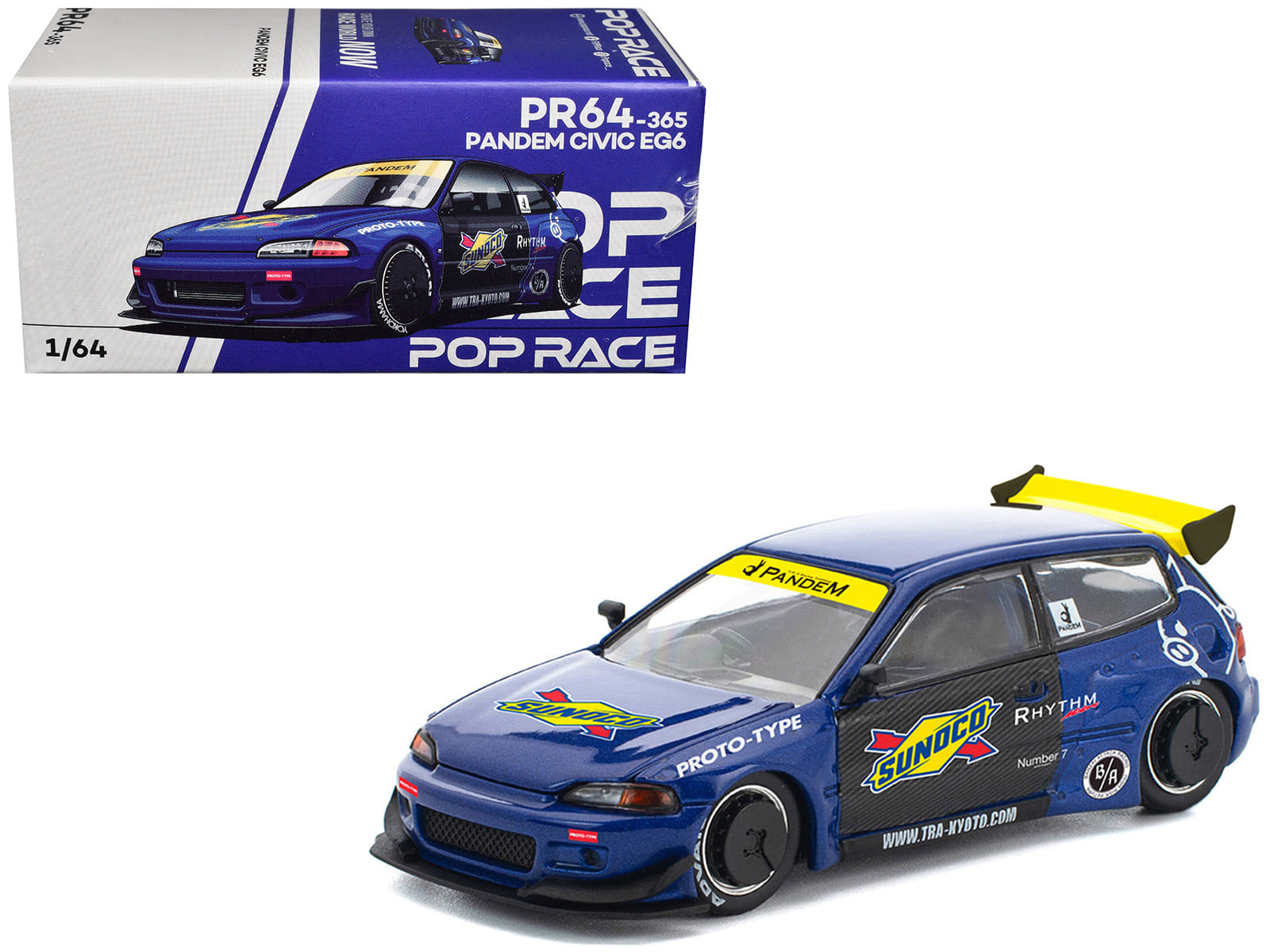 Pandem Civic EG6 RHD (Right Hand Drive) "Sunoco" Blue Metallic with Yellow Accents 1/64 Diecast Model Car by Pop Race