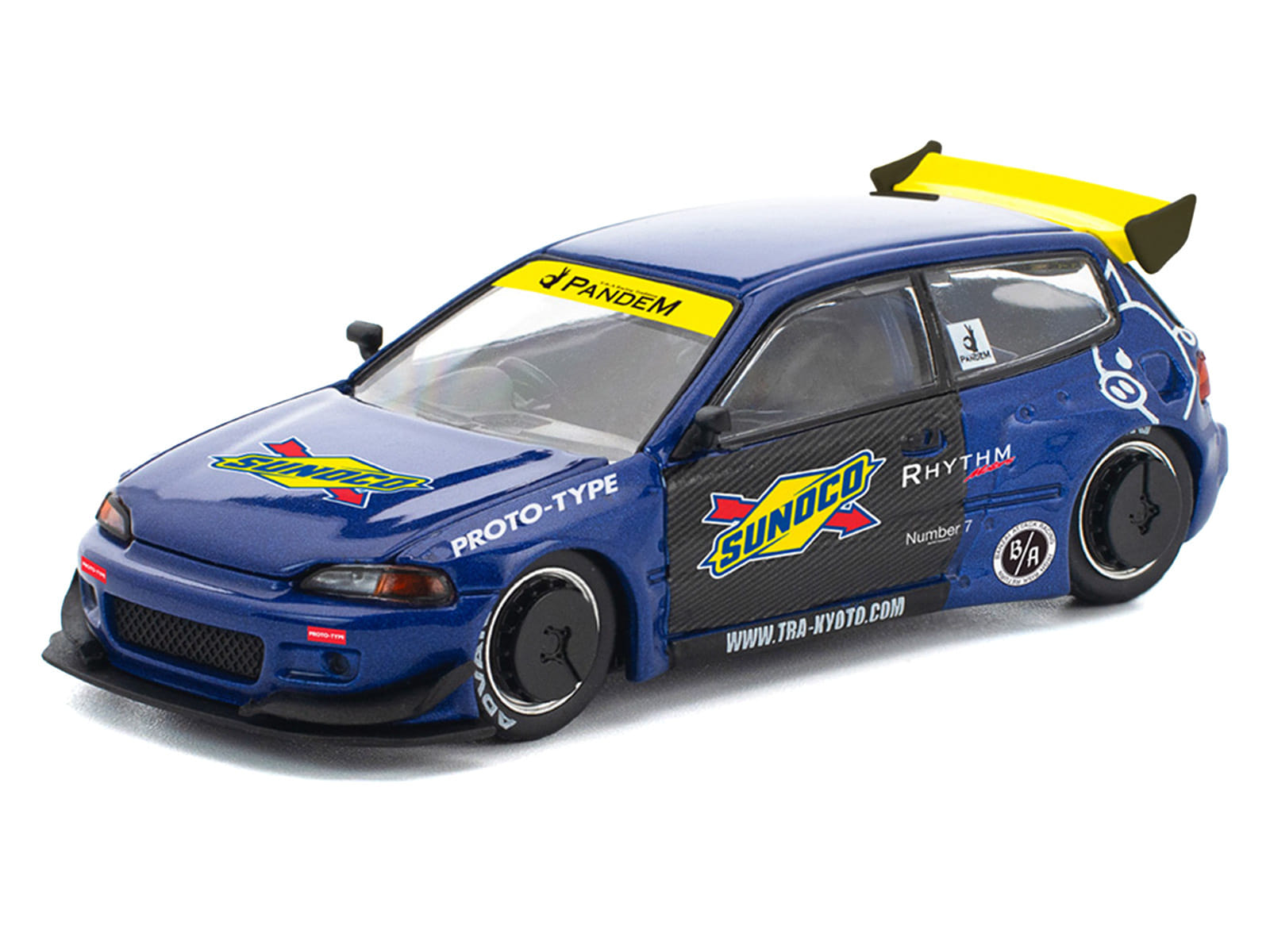 Pandem Civic EG6 RHD (Right Hand Drive) "Sunoco" Blue Metallic with Yellow Accents 1/64 Diecast Model Car by Pop Race - Image 2