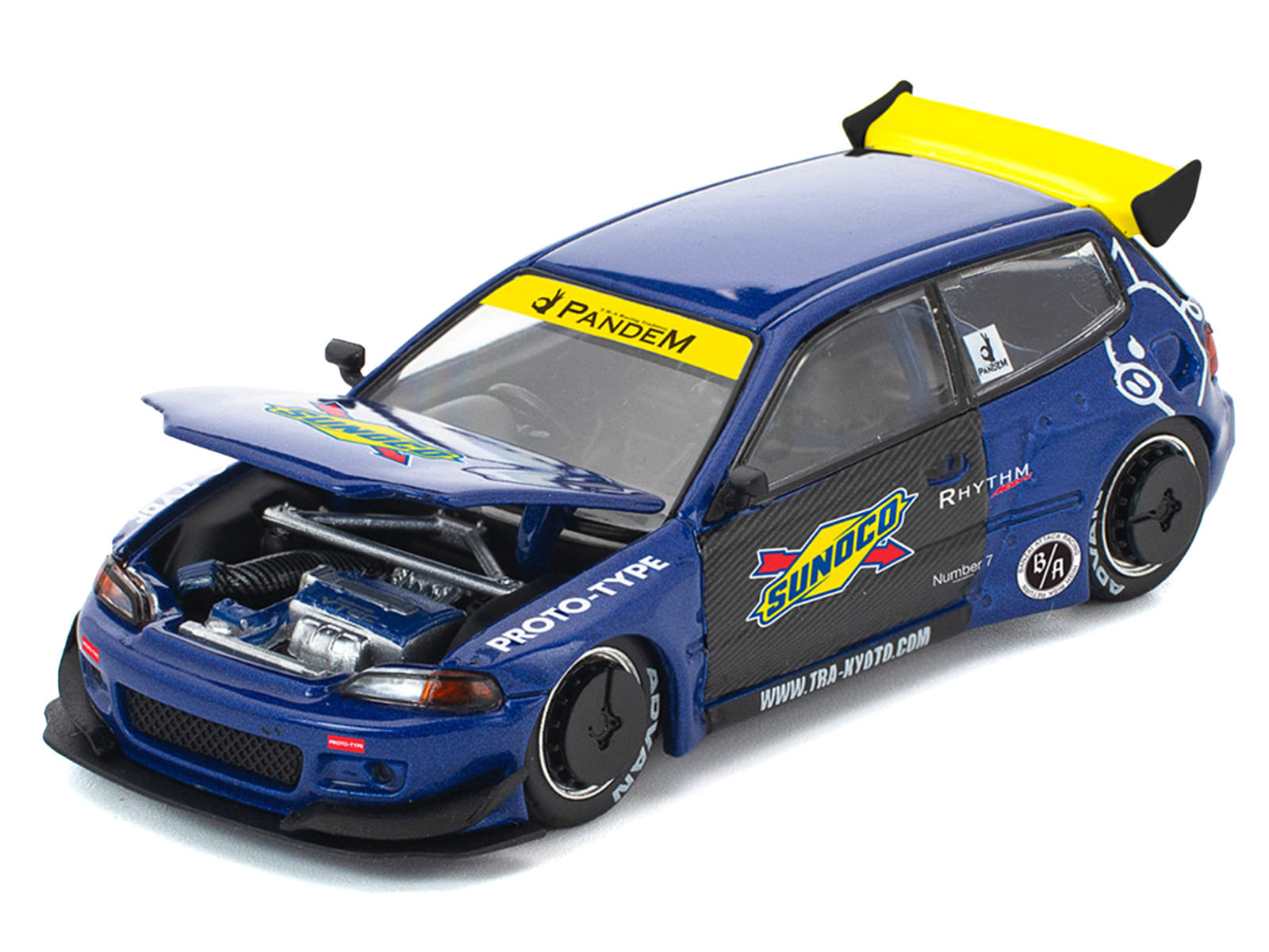 Pandem Civic EG6 RHD (Right Hand Drive) "Sunoco" Blue Metallic with Yellow Accents 1/64 Diecast Model Car by Pop Race - Image 3