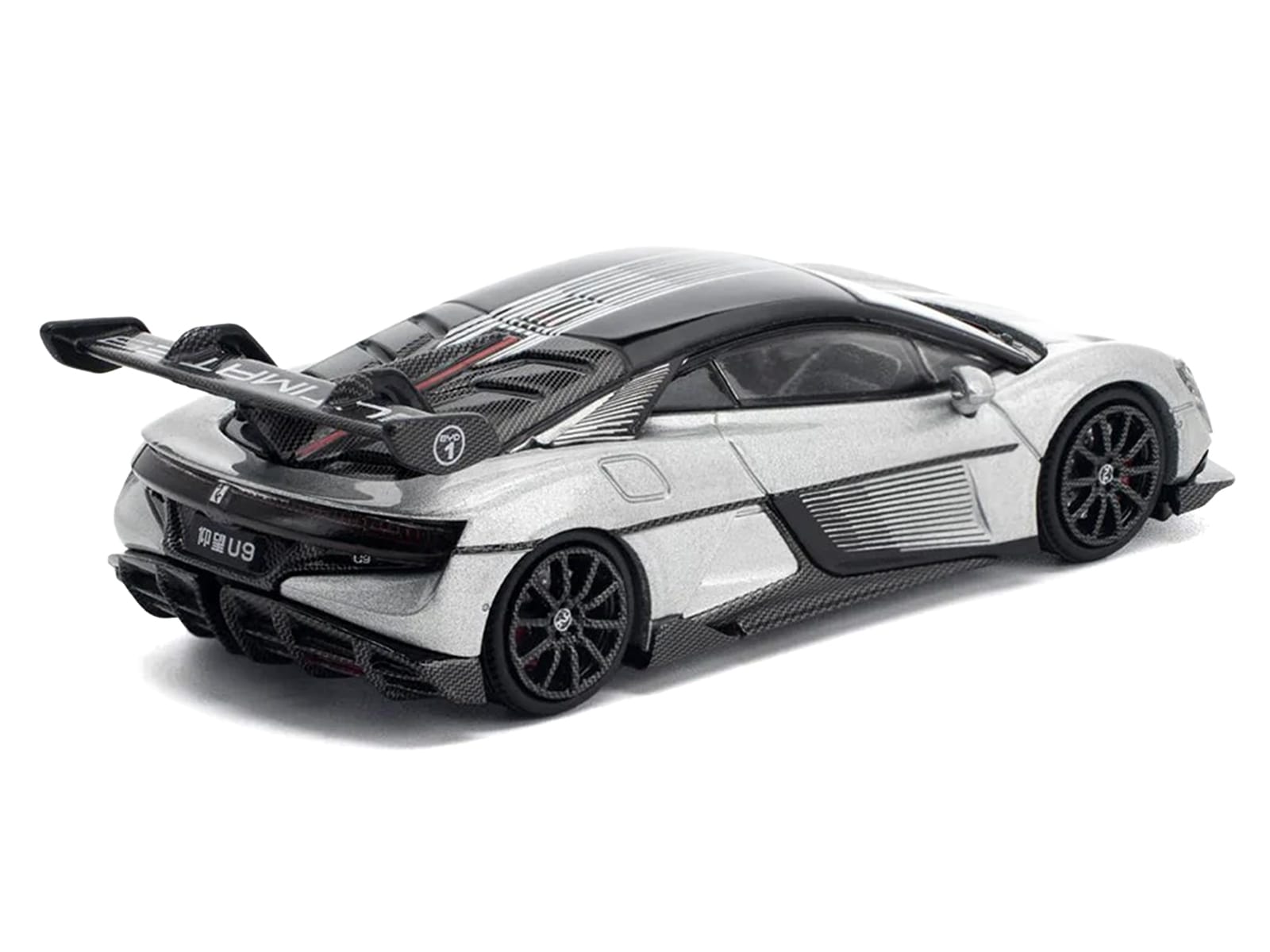 Yangwang U9 Silver Metallic with Black Top and Stripes 1/64 Diecast Model Car by Pop Race - Image 3
