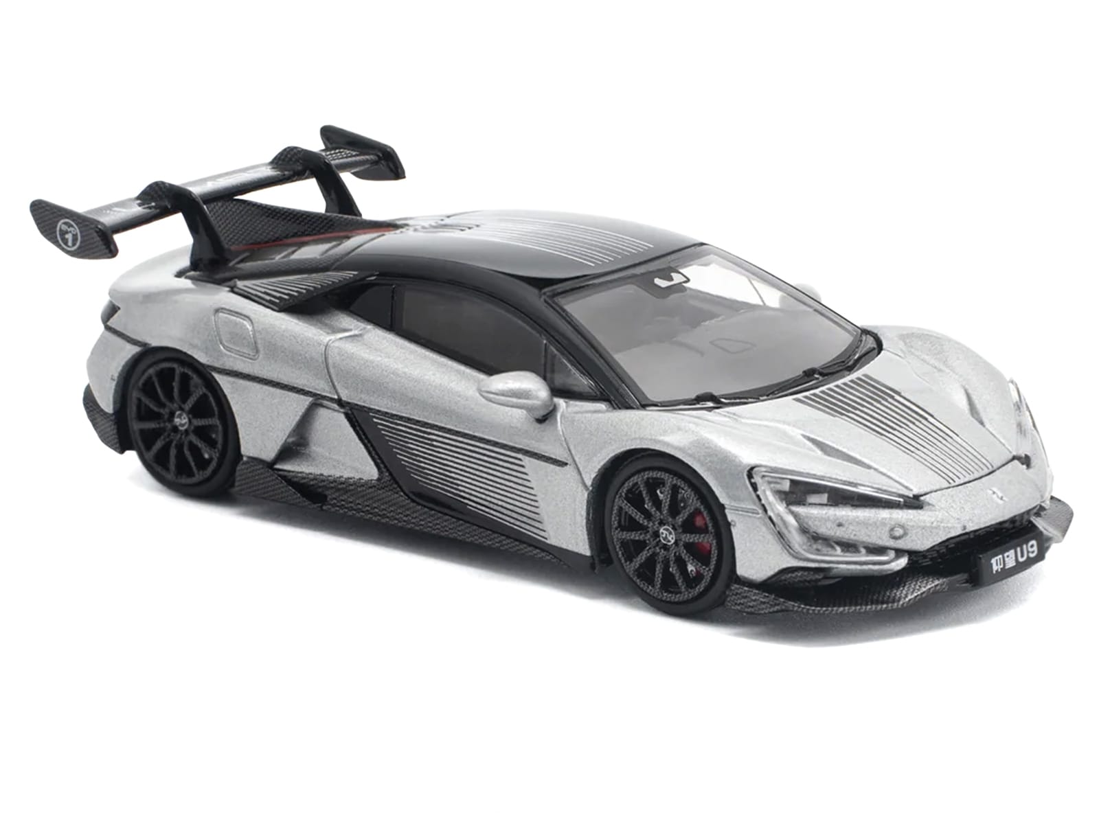 Yangwang U9 Silver Metallic with Black Top and Stripes 1/64 Diecast Model Car by Pop Race - Image 4