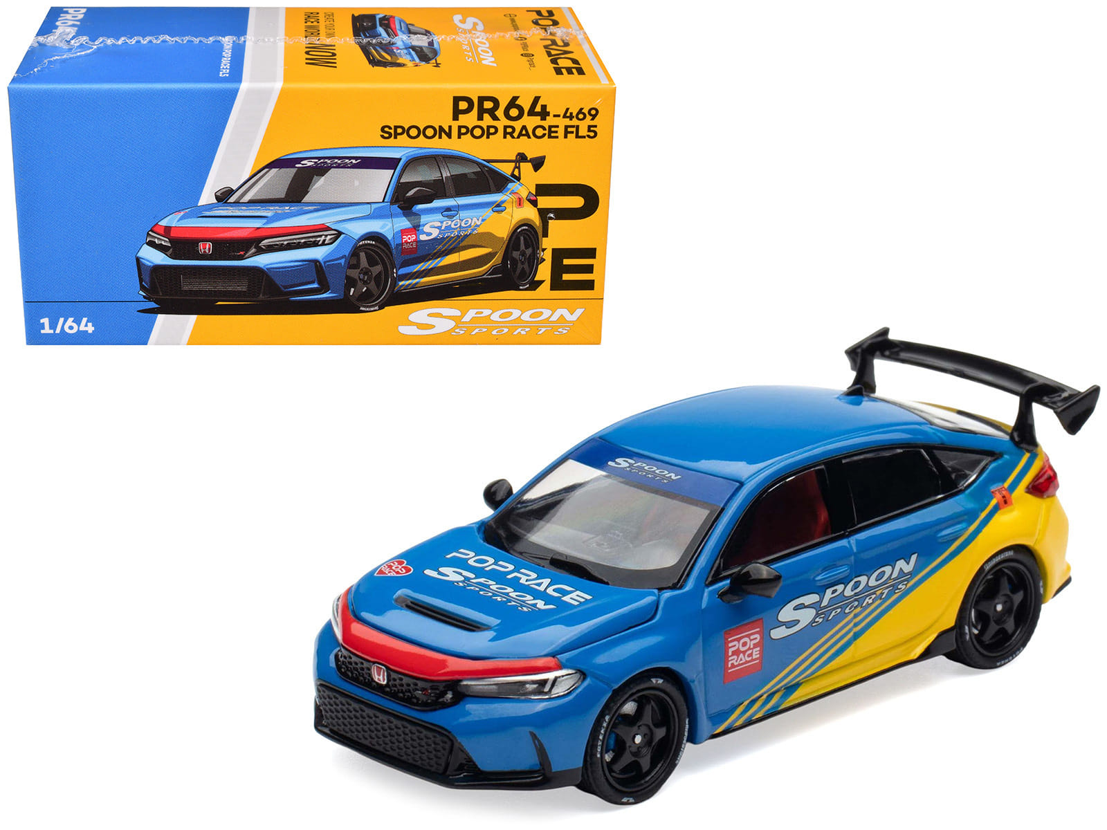 Honda Civic Type R FL5 "Spoon Sports" Blue and Yellow "Tokyo Auto Salon - Hong Kong 2025" 1/64 Diecast Model Car by Pop Race