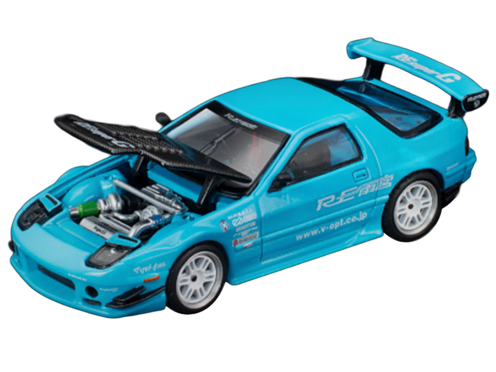 Mazda RX7 (FC3S) RE Amemiya RHD (Right Hand Drive) Light Blue with Carbon Hood "Tokyo Auto Salon 2026" 1/64 Diecast Model Car by Pop Race - Image 2