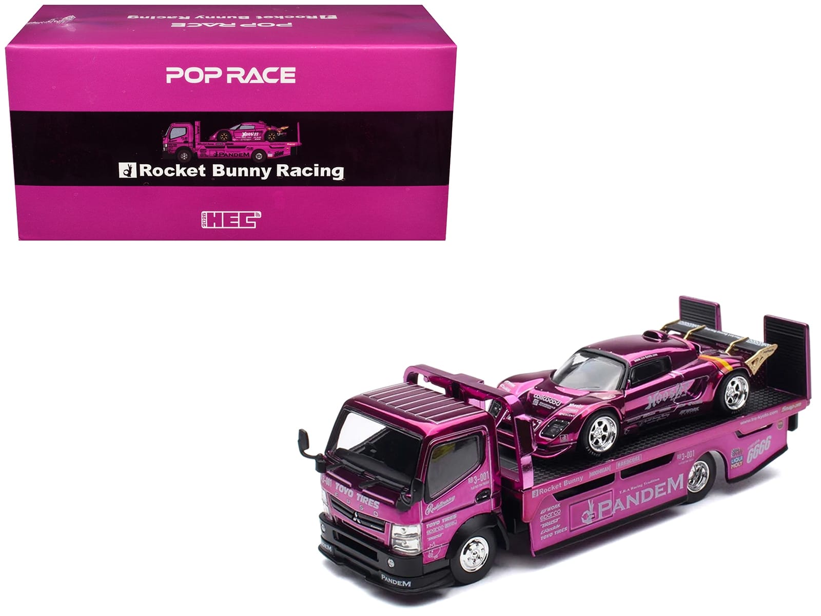Nissan Pandem Fuso-300 Flatbed Truck RHD (Right Hand Drive) Purple Chrome and Lotus Pandem Elise Purple Chrome with Graphics 2 Car Box Set "Hobby Expo China 2026" 1/64 Diecast Model Car by Pop Race