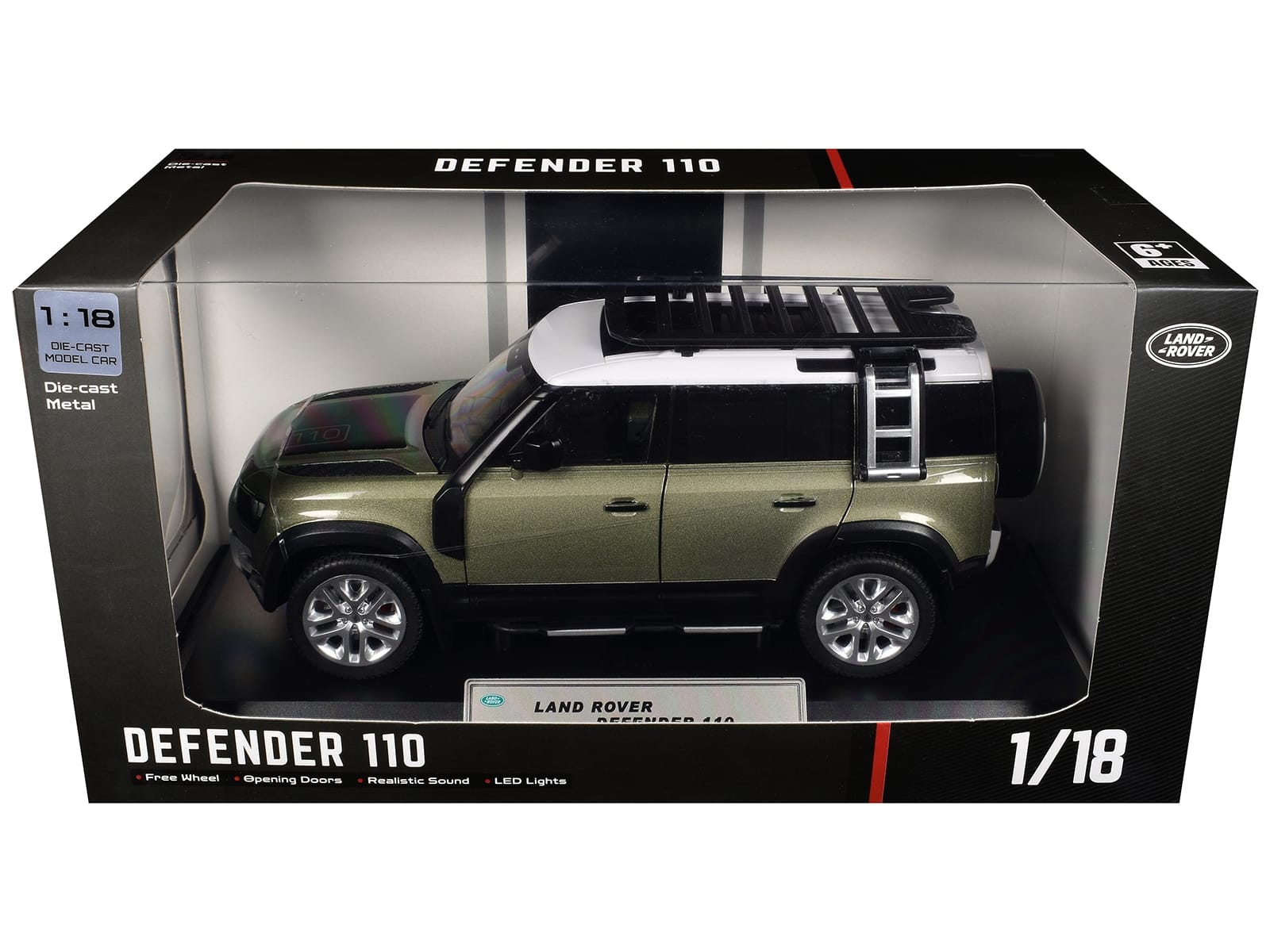 Land Rover Defender 110 Green Metallic with White Top and Roof Rack 1/18 Diecast Model Car by Heimanba