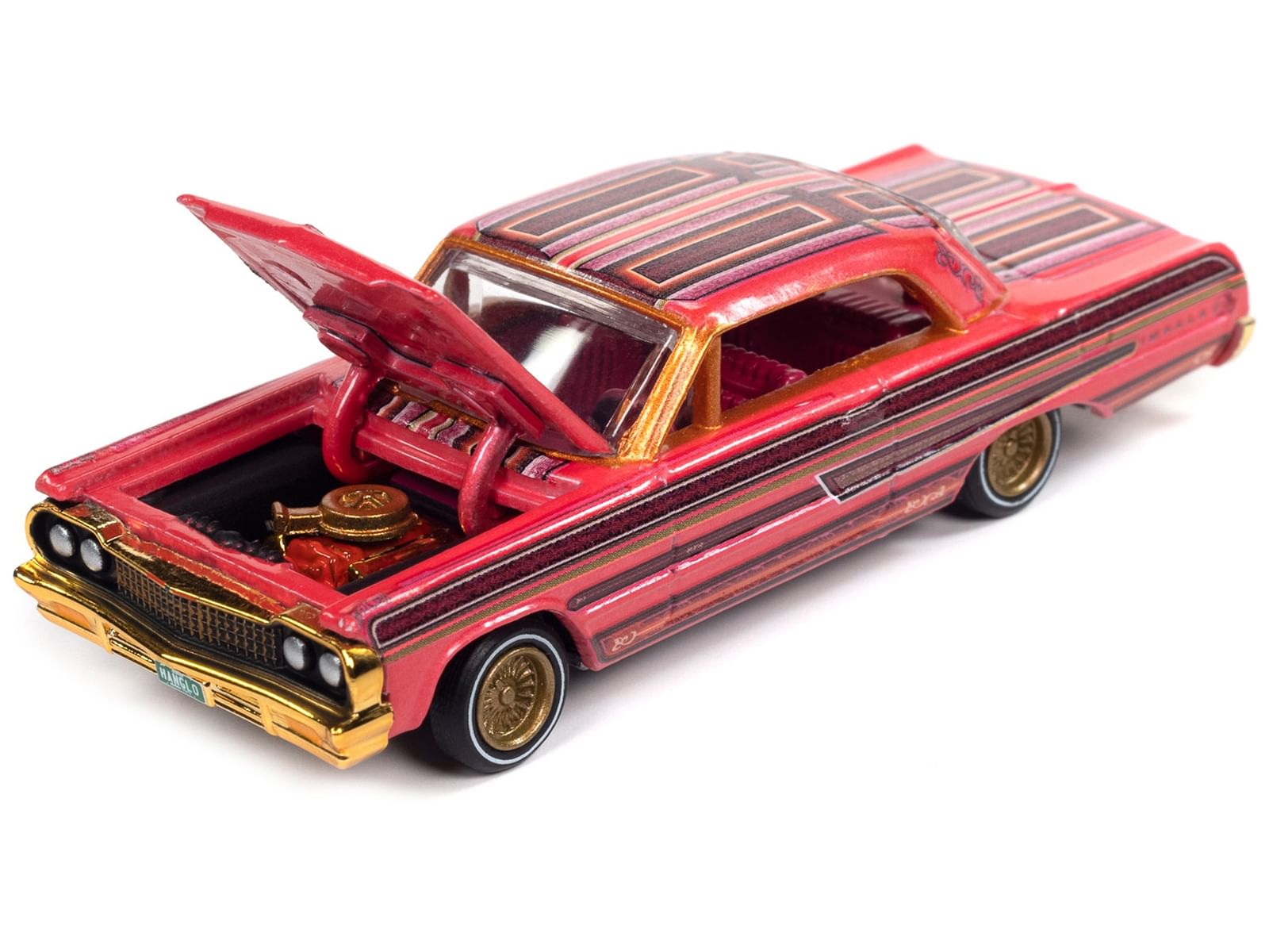 1964 Chevrolet Impala Lowrider Pink with Graphics and Pink Interior “Racing Champions Mint 2023” Release 1 Limited Edition to 3388 pieces Worldwide 1/64 Diecast Model Car by Racing Champions