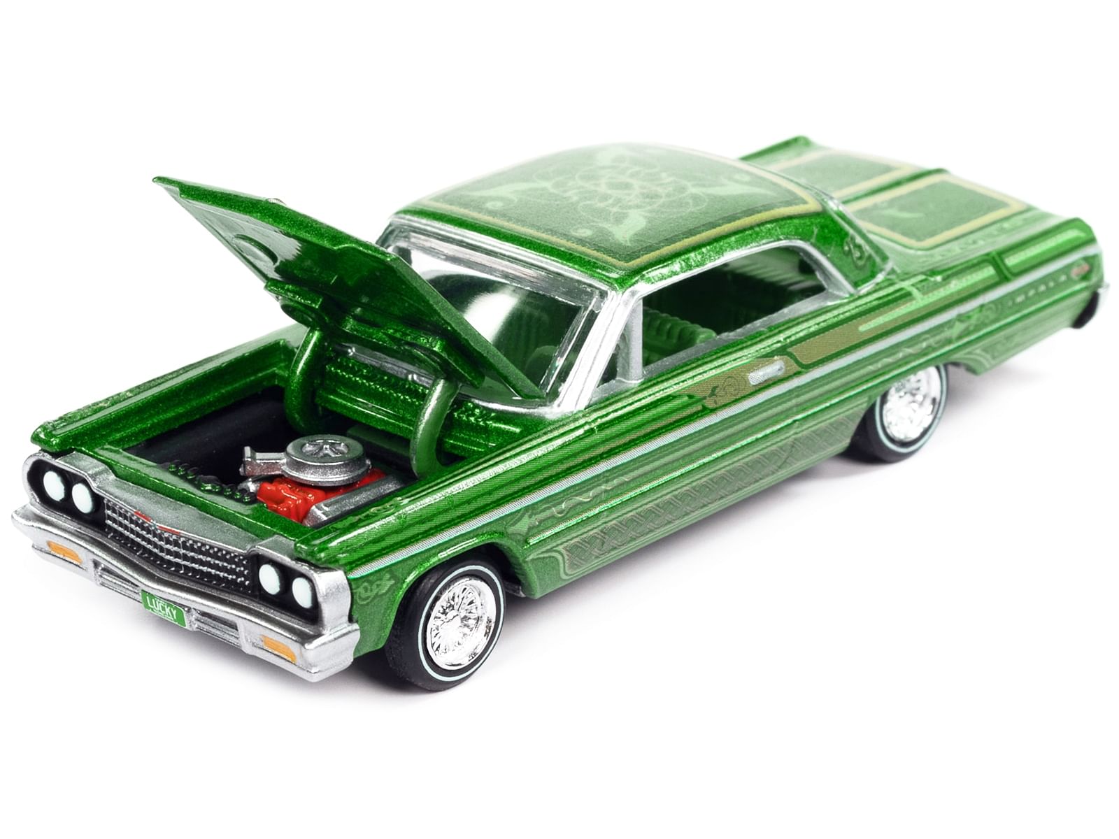 1964 Chevrolet Impala Lowrider Green Metallic with Graphics and Green Interior “Racing Champions Mint 2023” Release 1 Limited Edition to 3388 pieces Worldwide 1/64 Diecast Model Car by Racing Champions