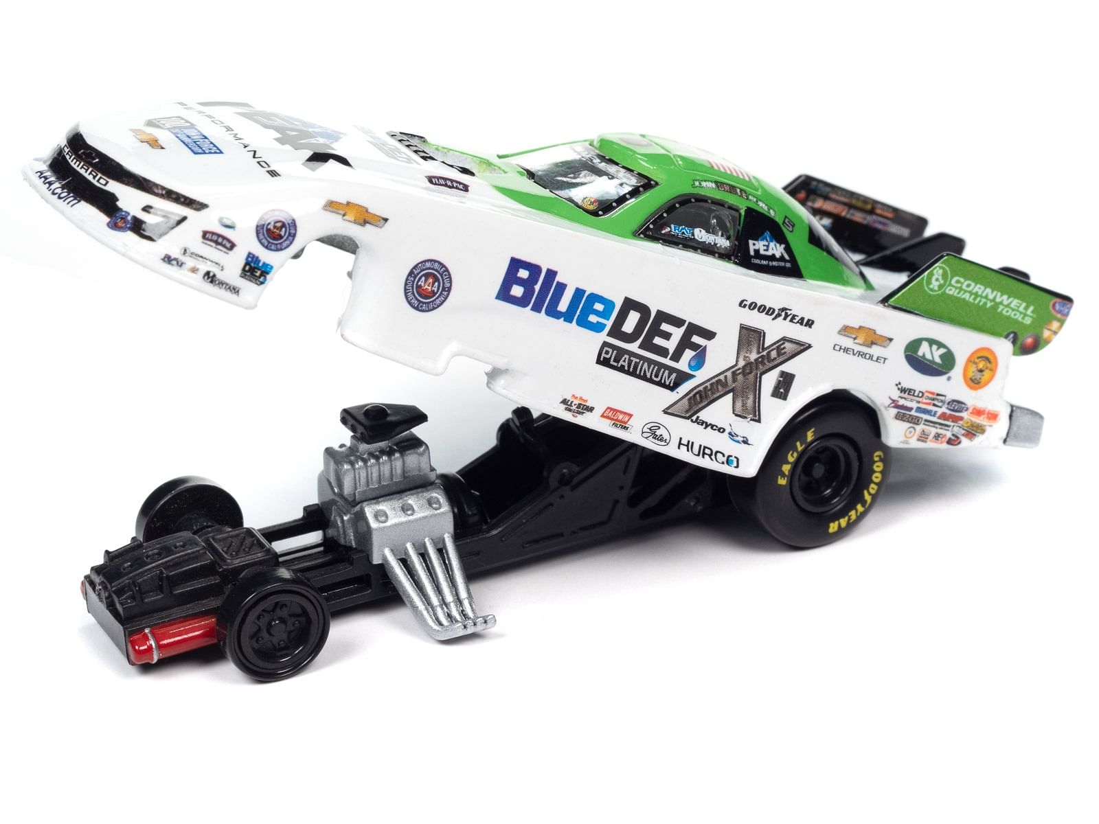 Chevrolet Camaro NHRA Funny Car John Force “BlueDEF Platinum” (2022) “John Force Racing” “Racing Champions Mint 2023” Release 1 Limited Edition to 2596 pieces Worldwide 1/64 Diecast Model Car by Racing Champions