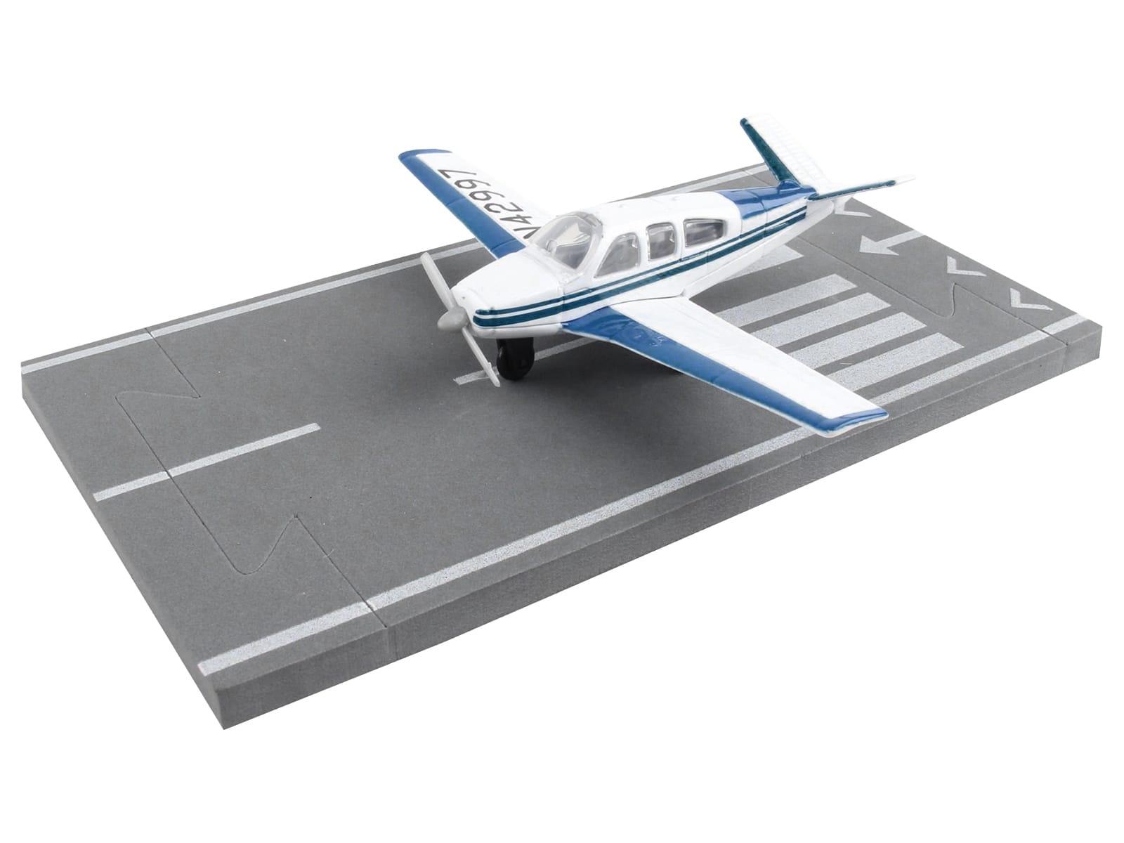 Beechcraft Bonanza Aircraft White with Blue Stripes "N42997" with Runway Section Diecast Model Airplane by Runway24 - Image 2