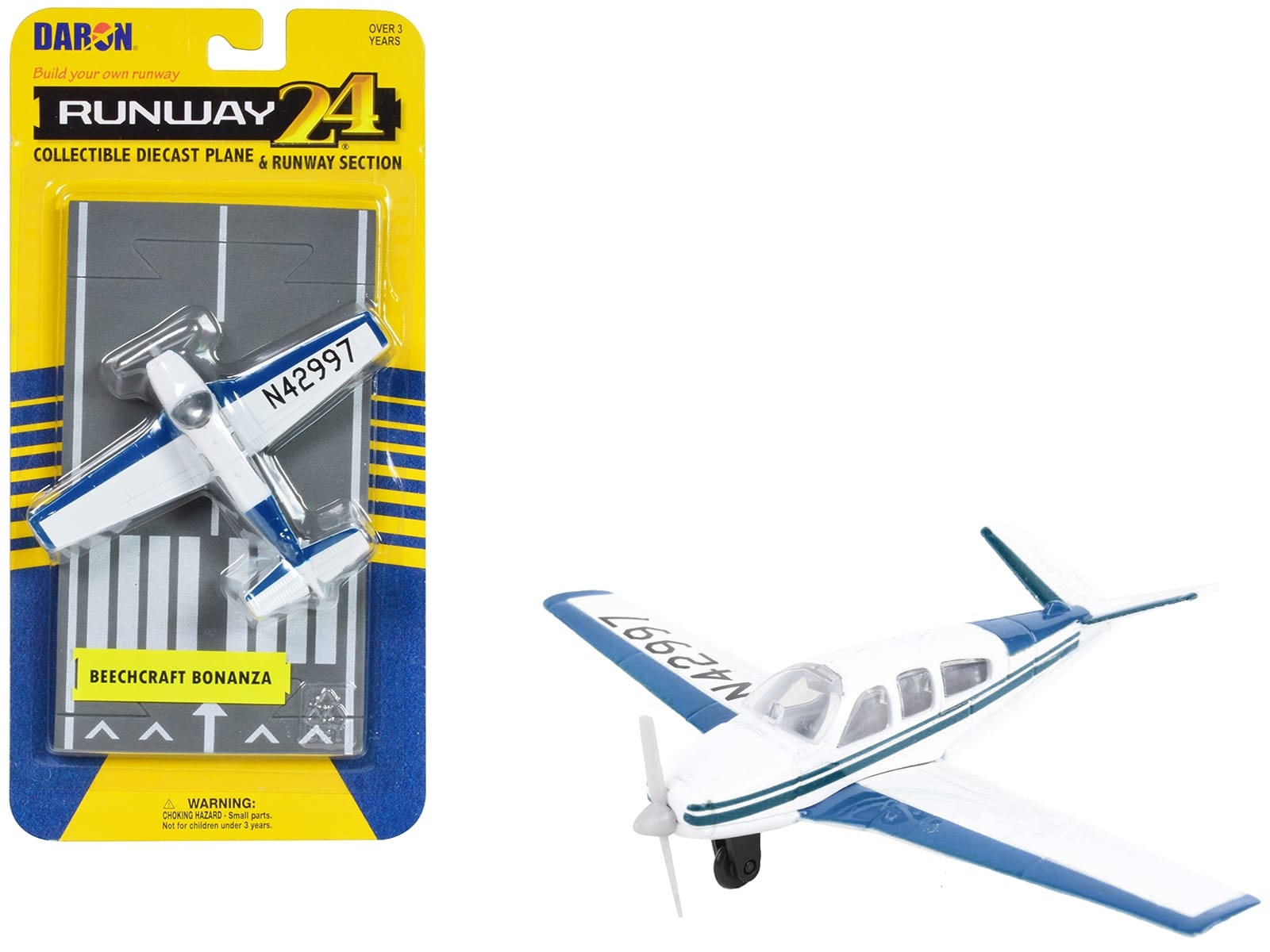 Beechcraft Bonanza Aircraft White with Blue Stripes "N42997" with Runway Section Diecast Model Airplane by Runway24 - Image 3
