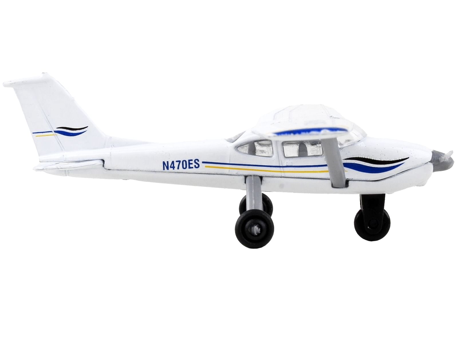 Cessna 172 Aircraft White with Blue and Yellow Stripes “N470ES” with Runway Section Diecast Model Airplane by Runway24