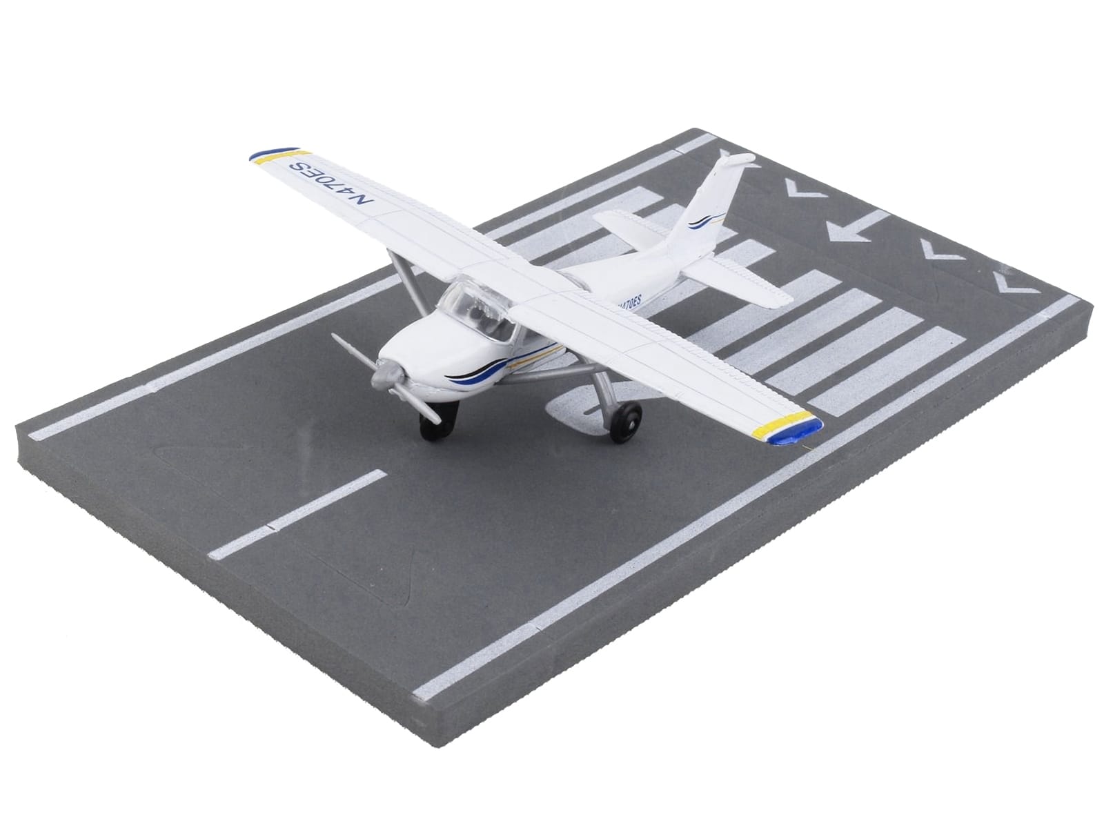 Cessna 172 Aircraft White with Blue and Yellow Stripes "N470ES" with Runway Section Diecast Model Airplane by Runway24 - Image 2