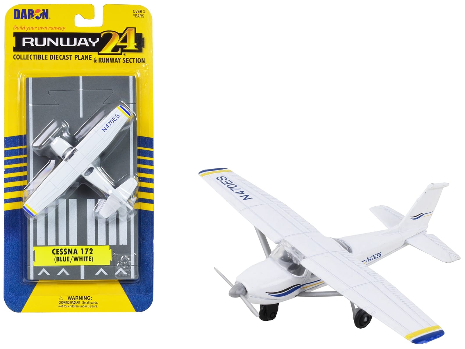 Cessna 172 Aircraft White with Blue and Yellow Stripes "N470ES" with Runway Section Diecast Model Airplane by Runway24 - Image 3