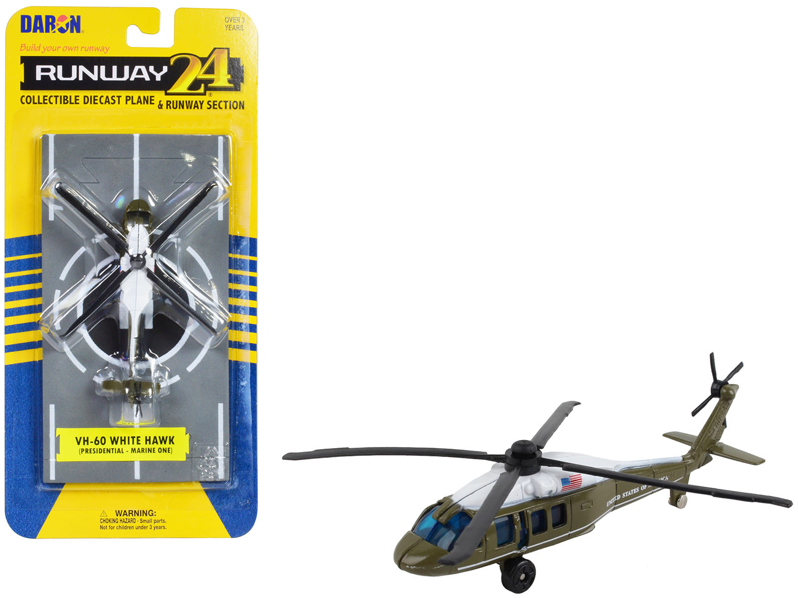 Sikorsky VH-60 White Hawk Helicopter Olive Drab with White Top "United States Presidential Helicopter - Marine One" with Runway Section Diecast Model by Runway24 - Image 3