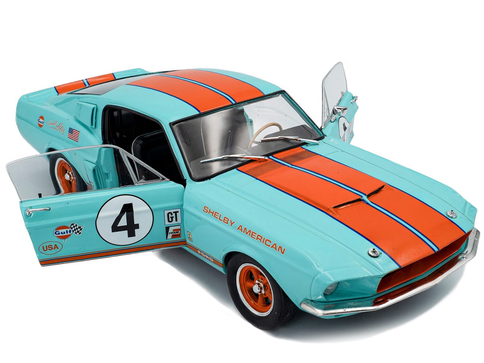 1967 Shelby GT500 #4 "Gulf Racing Tribute" Light Blue with Orange Stripes 1/18 Diecast Model Car by Solido - Image 2