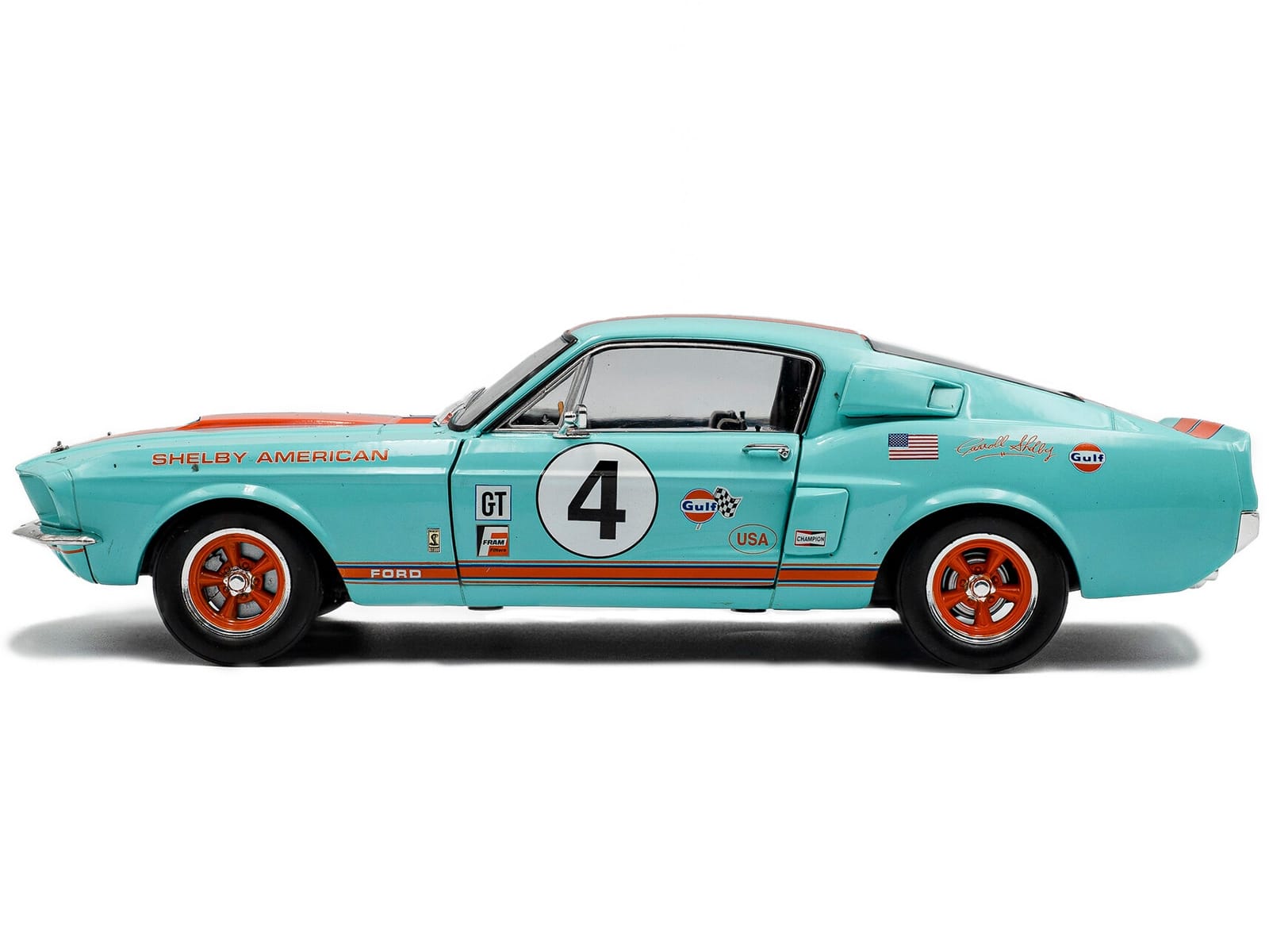 1967 Shelby GT500 #4 "Gulf Racing Tribute" Light Blue with Orange Stripes 1/18 Diecast Model Car by Solido - Image 3