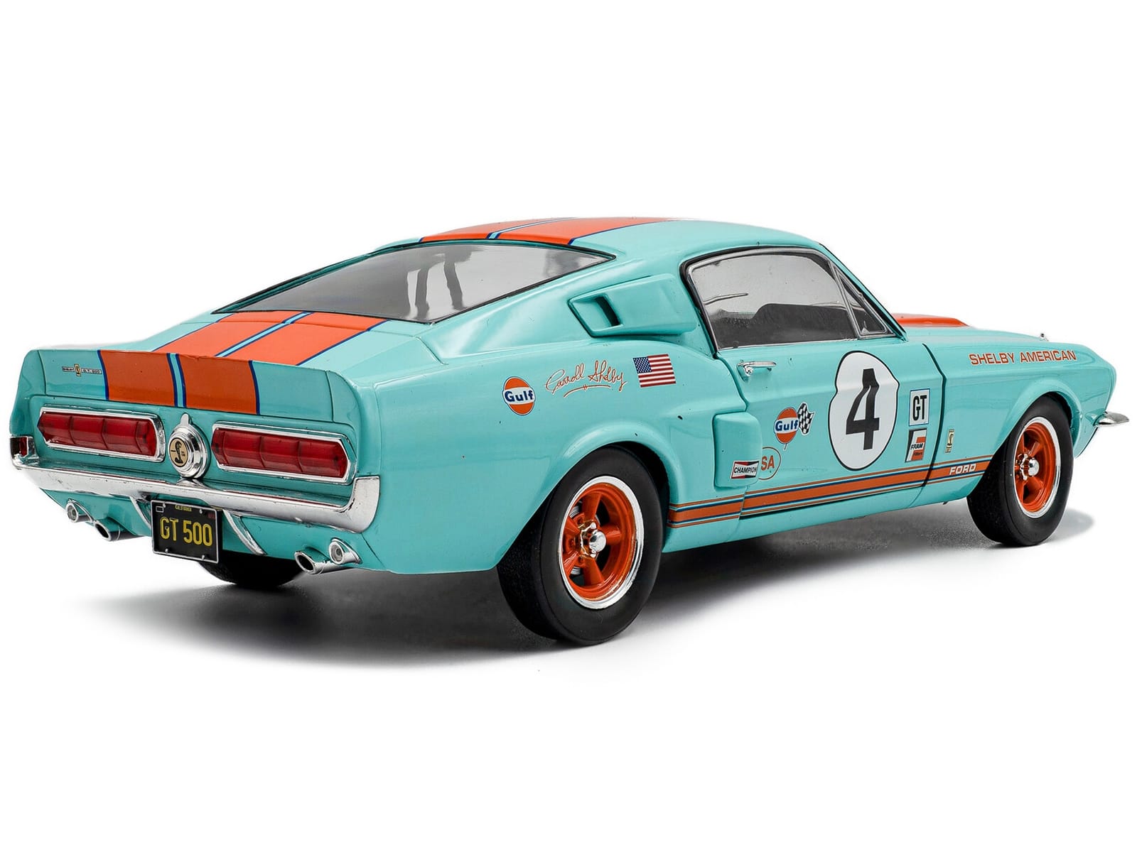 1967 Shelby GT500 #4 "Gulf Racing Tribute" Light Blue with Orange Stripes 1/18 Diecast Model Car by Solido - Image 4