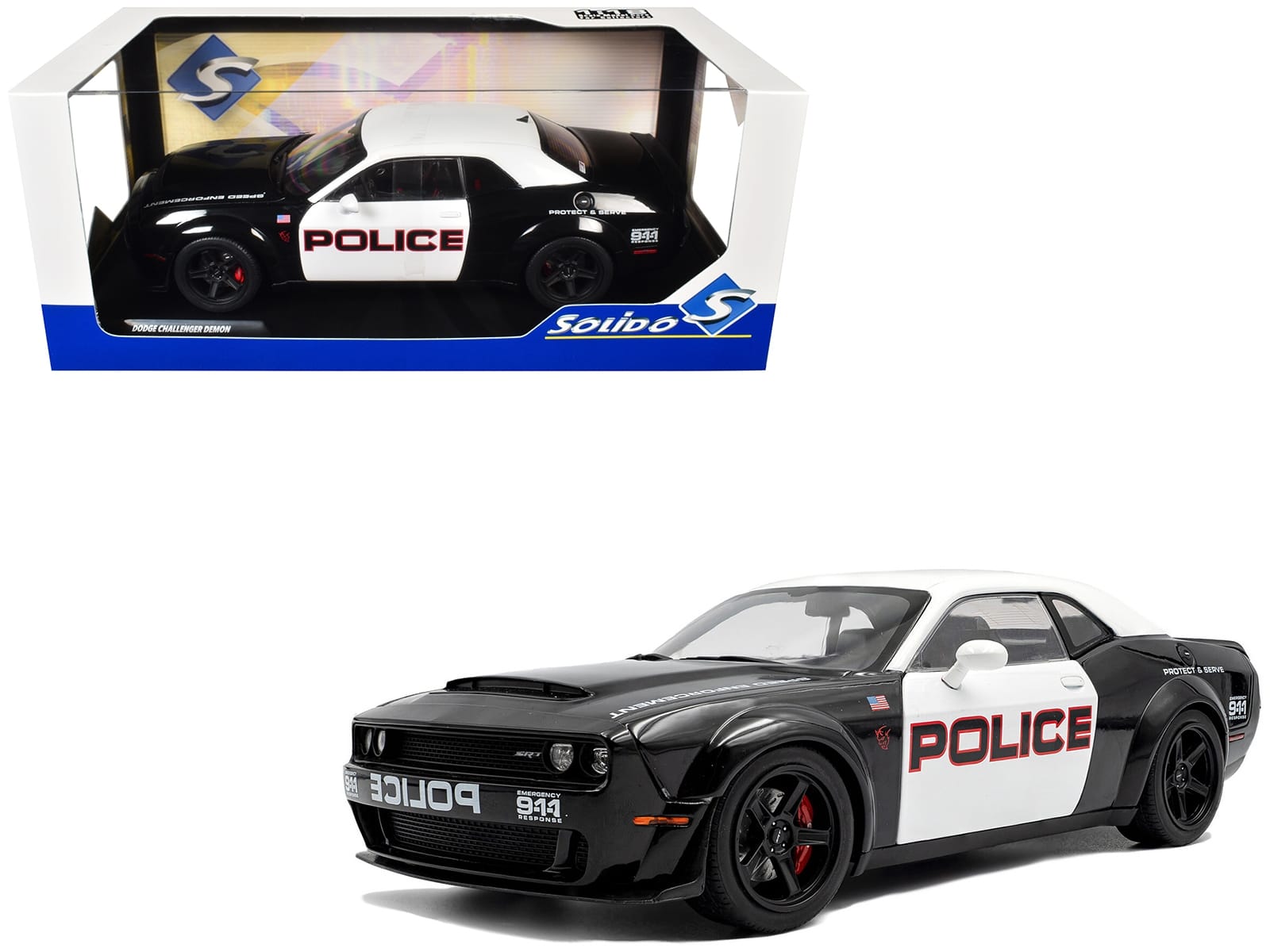 2023 Dodge Challenger Demon "Police" Black and White 1/18 Diecast Model Car by Solido