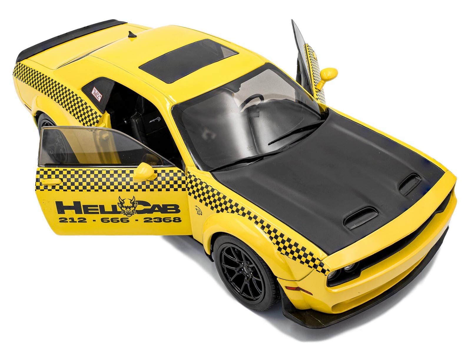 2023 Dodge Challenger SRT Hellcat Redeye Widebody Taxi "NYC Hellcab" Yellow with Black Hood and Graphics 1/18 Diecast Model Car by Solido - Image 2