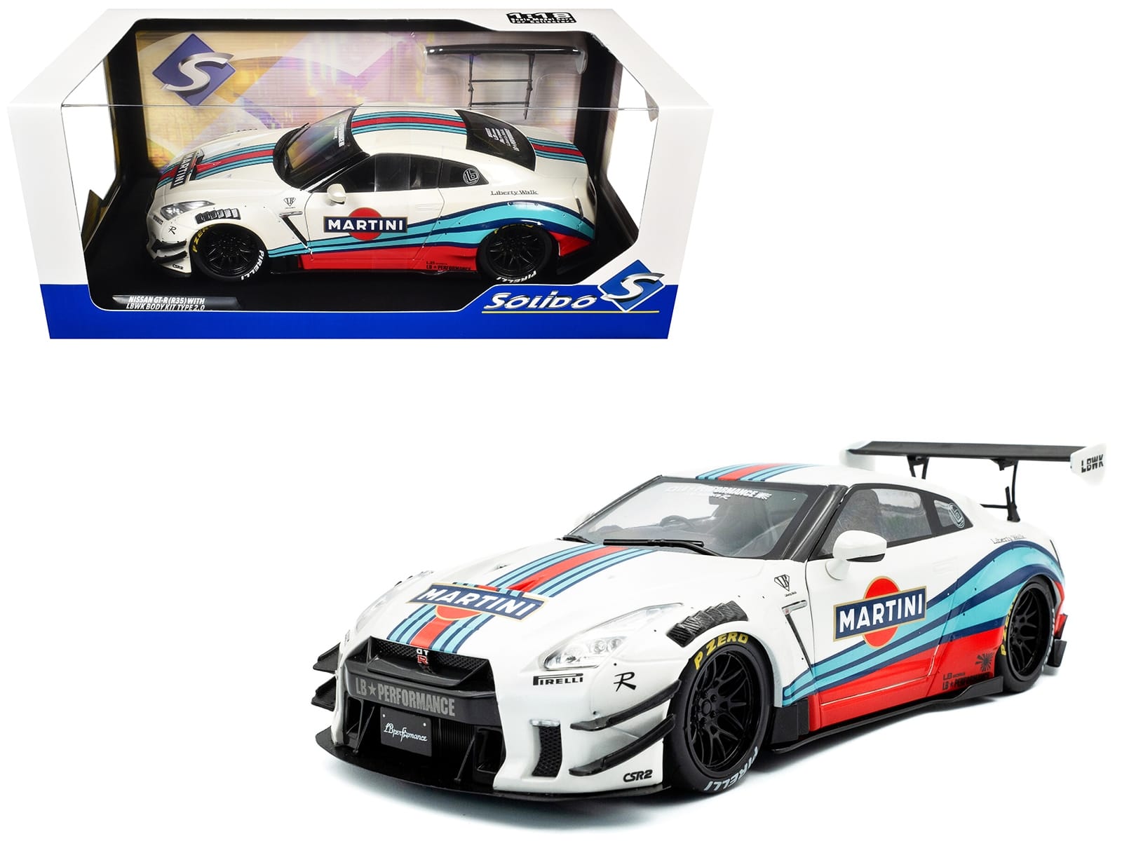 2024 Nissan GT-R (R35) RHD (Right Hand Drive) with Liberty Walk 2.0 Body Kit "Martini Racing" White with Stripes 1/18 Diecast Model Car by Solido