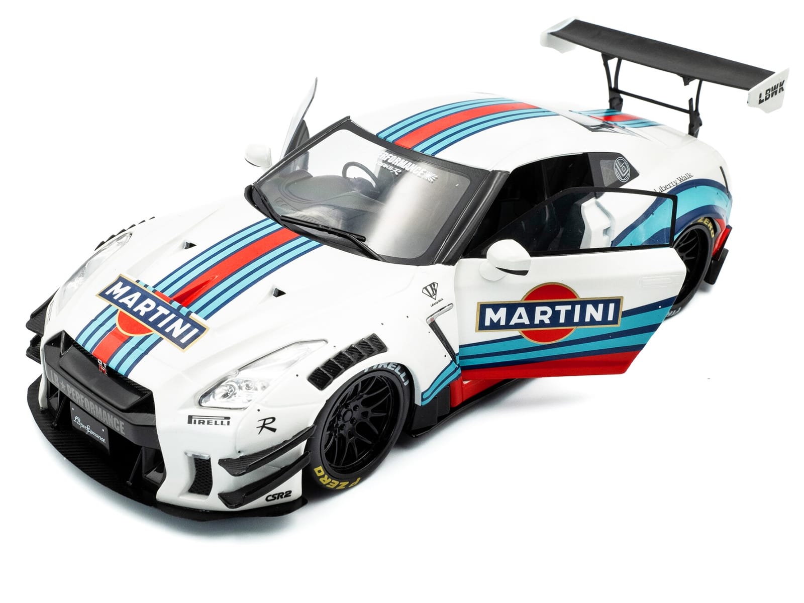 2024 Nissan GT-R (R35) RHD (Right Hand Drive) with Liberty Walk 2.0 Body Kit "Martini Racing" White with Stripes 1/18 Diecast Model Car by Solido - Image 2