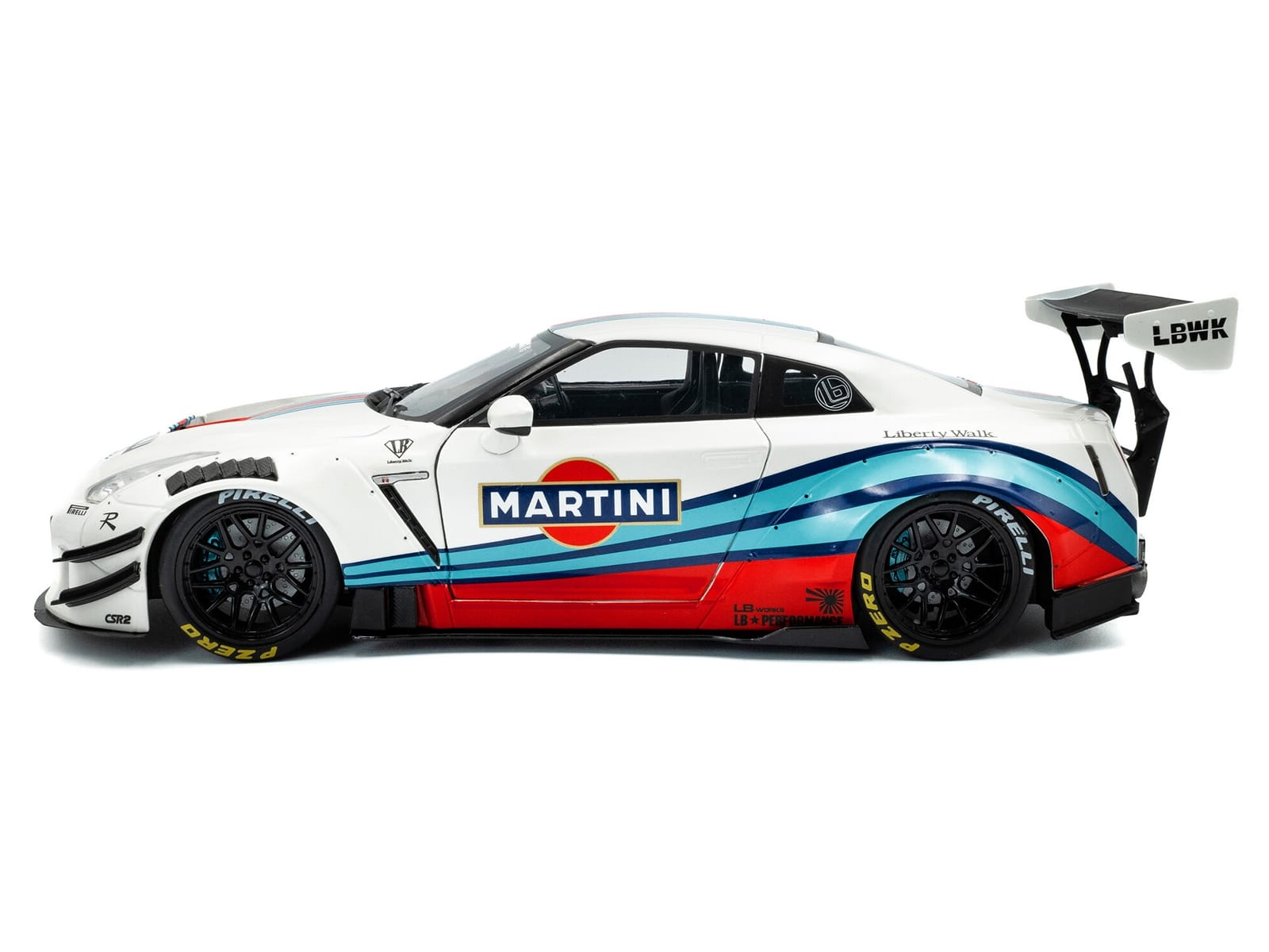 2024 Nissan GT-R (R35) RHD (Right Hand Drive) with Liberty Walk 2.0 Body Kit "Martini Racing" White with Stripes 1/18 Diecast Model Car by Solido - Image 3