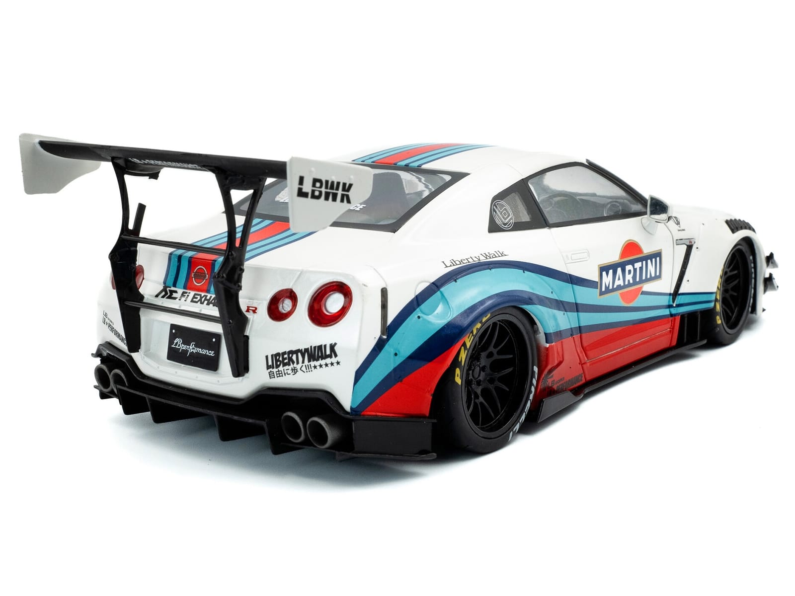 2024 Nissan GT-R (R35) RHD (Right Hand Drive) with Liberty Walk 2.0 Body Kit "Martini Racing" White with Stripes 1/18 Diecast Model Car by Solido - Image 4
