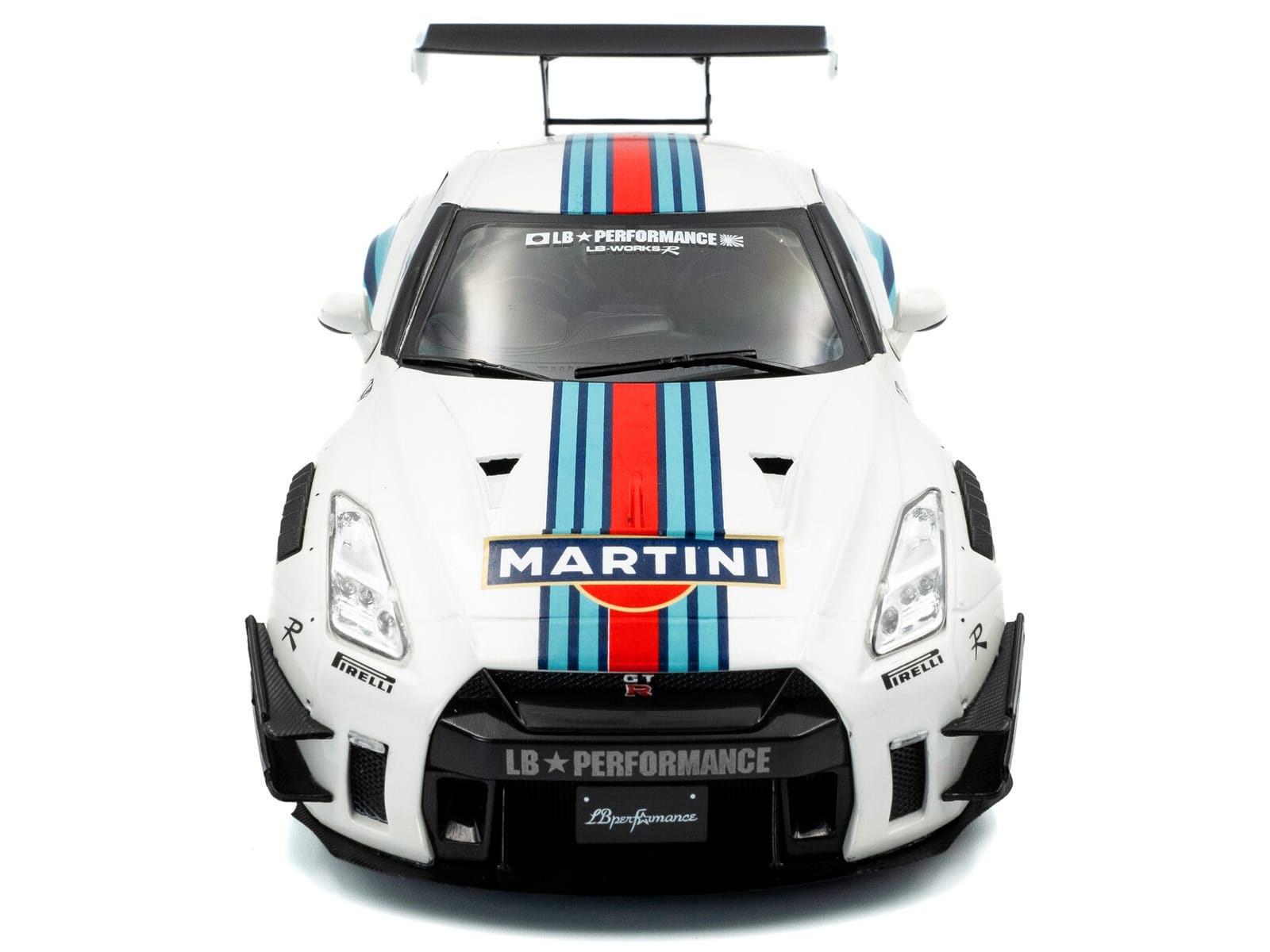 2024 Nissan GT-R (R35) RHD (Right Hand Drive) with Liberty Walk 2.0 Body Kit "Martini Racing" White with Stripes 1/18 Diecast Model Car by Solido - Image 5