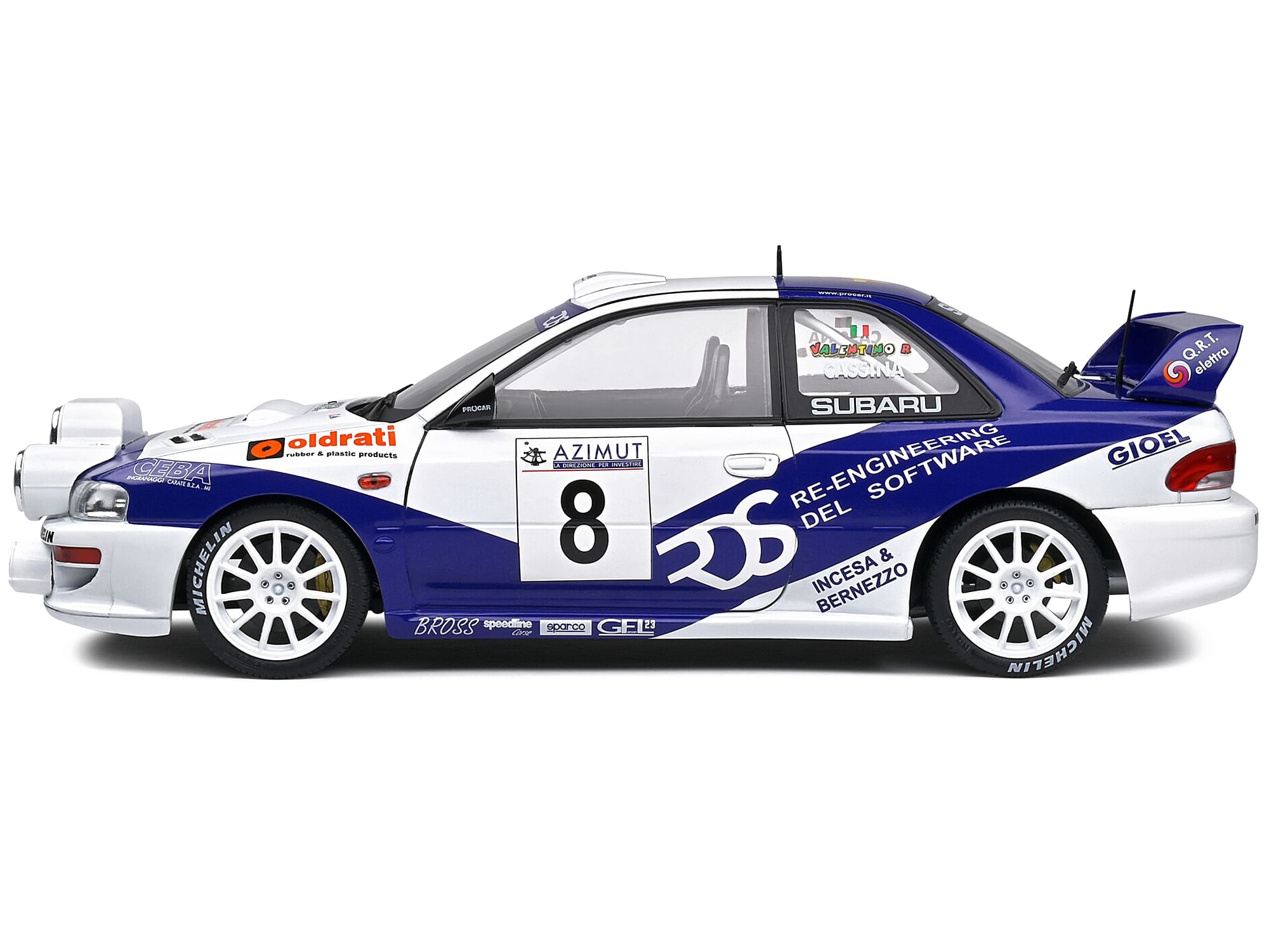 Subaru Impreza S5 WRC99 #8 Valentino Rossi – Carlo Cassina “Rally Azimut Di Monza” (2000) “Competition” Series 1/18 Diecast Model Car by Solido